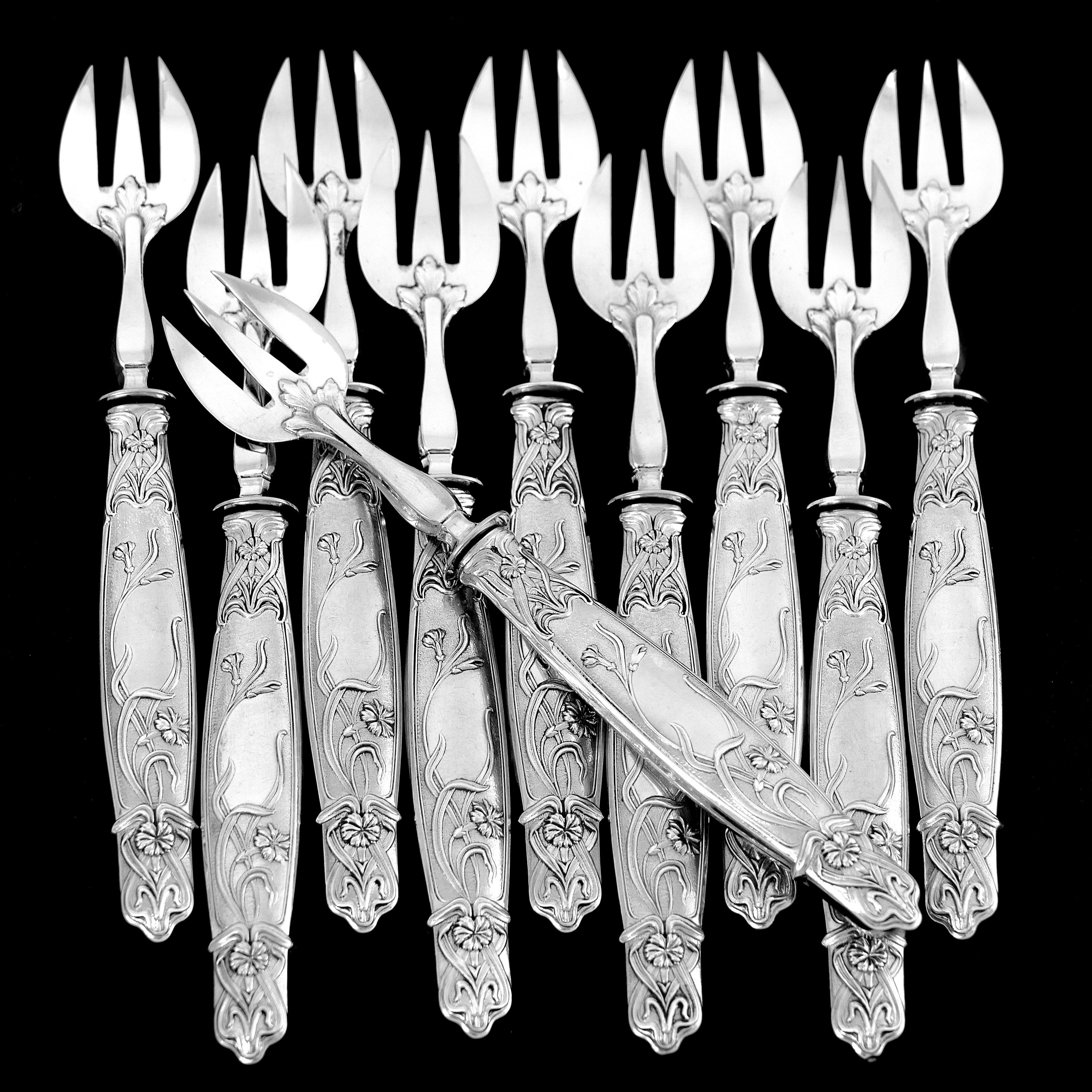 Silver Plate Moise Rare French Sterling Silver Oyster Forks Set, Poppie