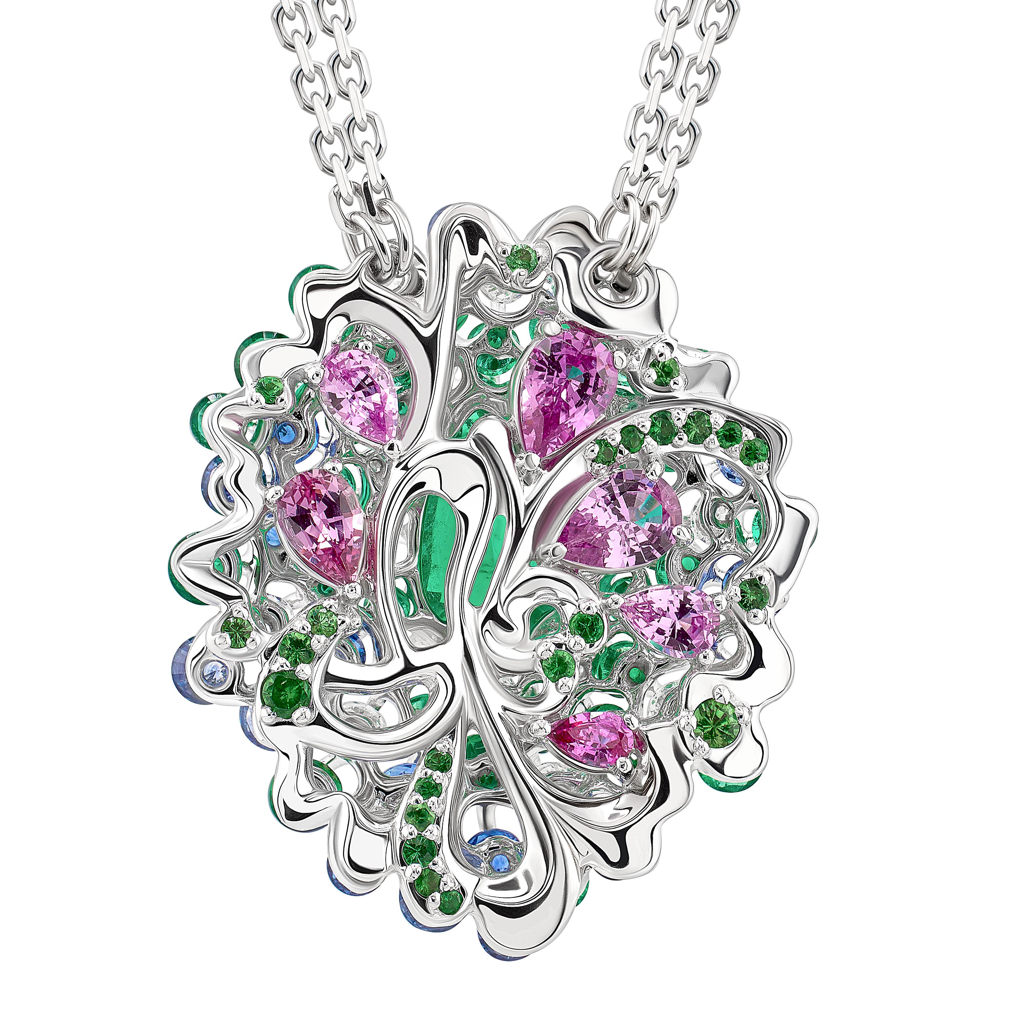 Contemporary MOISEIKIN 1.45ct No Oil Columbian Emerald Diamond Sapphire Necklace For Sale