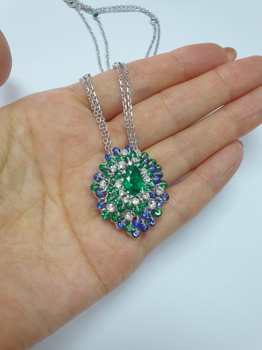 MOISEIKIN 1,45 Karat kein Öl kolumbianischer Smaragd Diamant Saphir Halskette (Smaragdschliff) im Angebot