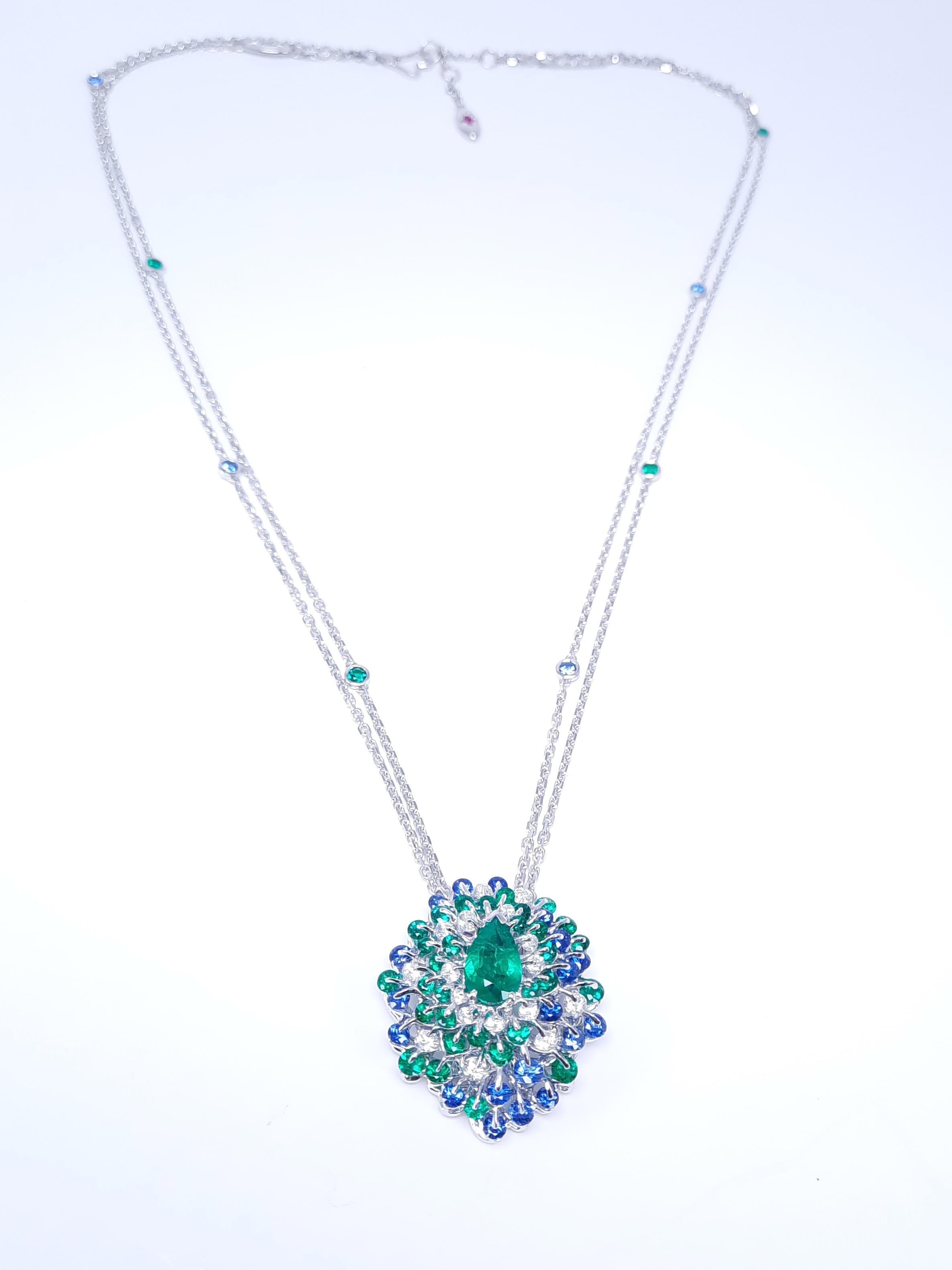 Women's or Men's MOISEIKIN 1.45ct No Oil Columbian Emerald Diamond Sapphire Necklace For Sale