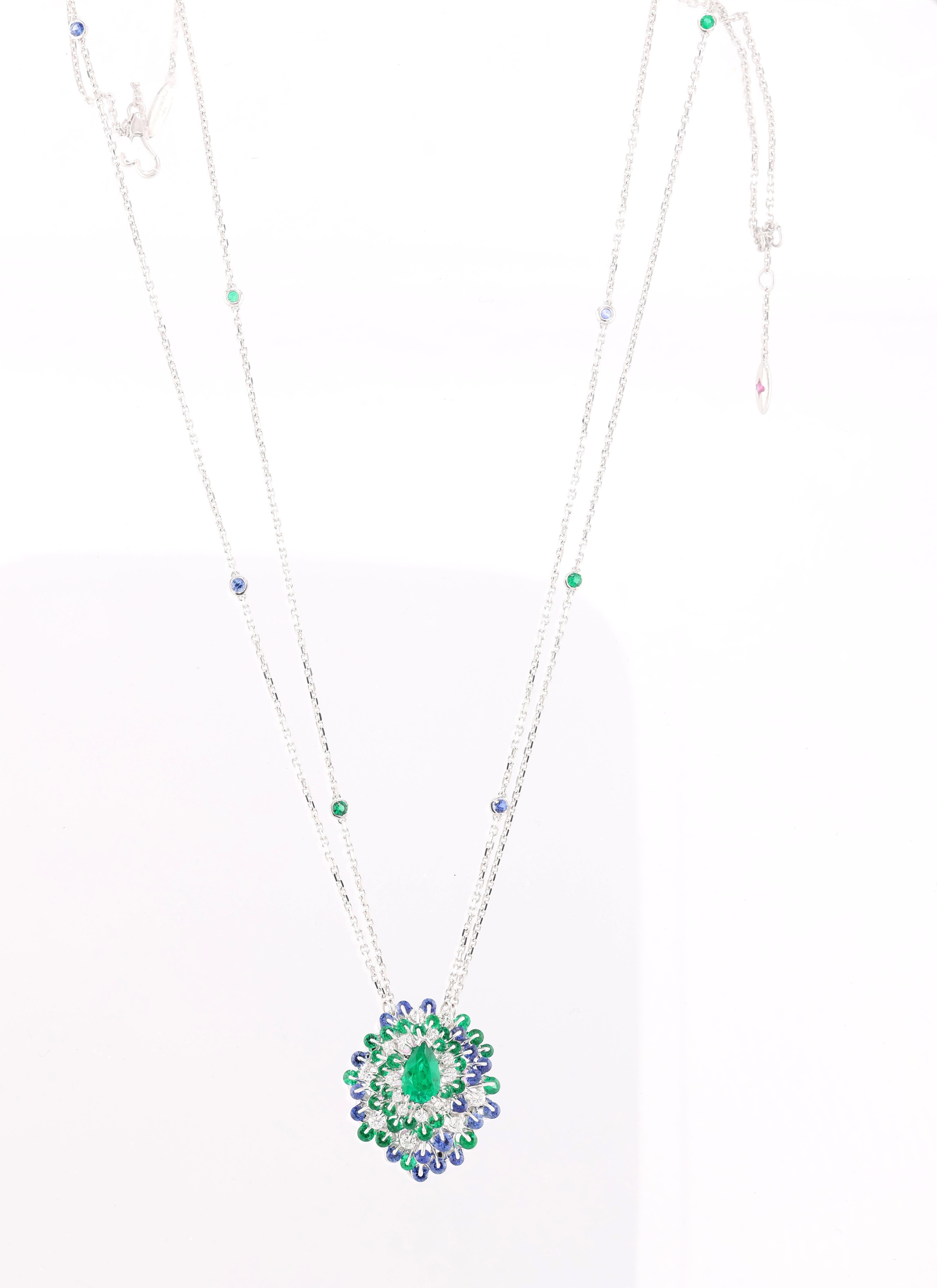 MOISEIKIN 1,45 Karat kein Öl kolumbianischer Smaragd Diamant Saphir Halskette im Angebot 1
