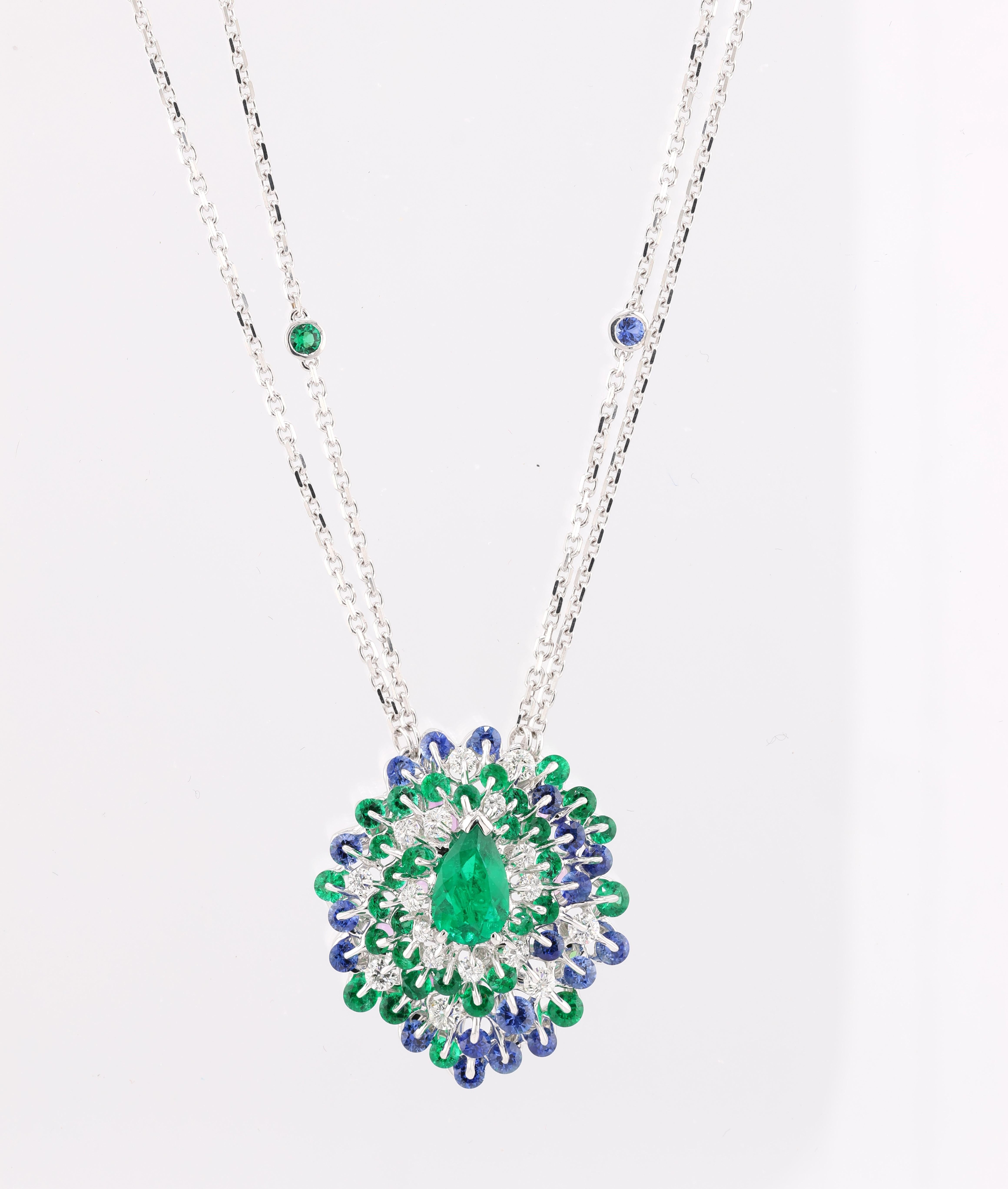 MOISEIKIN 1,45 Karat kein Öl kolumbianischer Smaragd Diamant Saphir Halskette im Angebot 2
