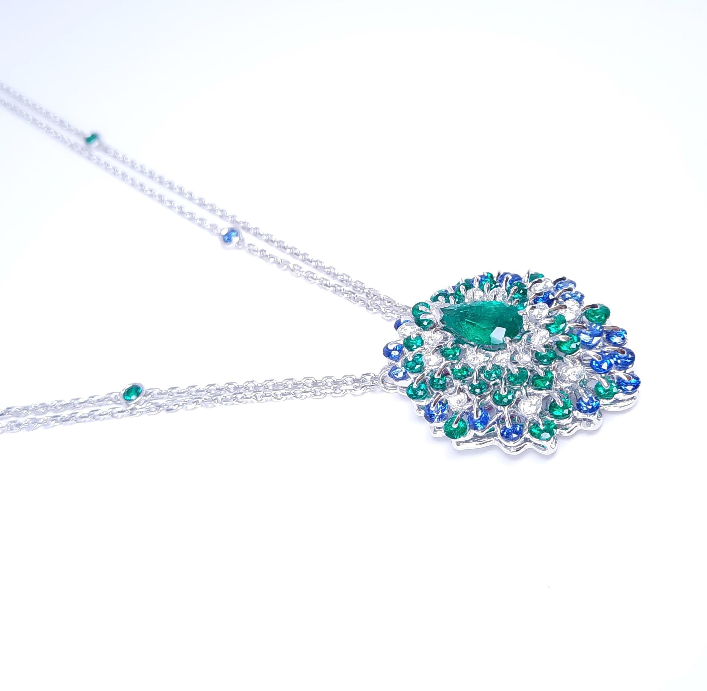 MOISEIKIN 1,45 Karat kein Öl kolumbianischer Smaragd Diamant Saphir Halskette im Angebot 3