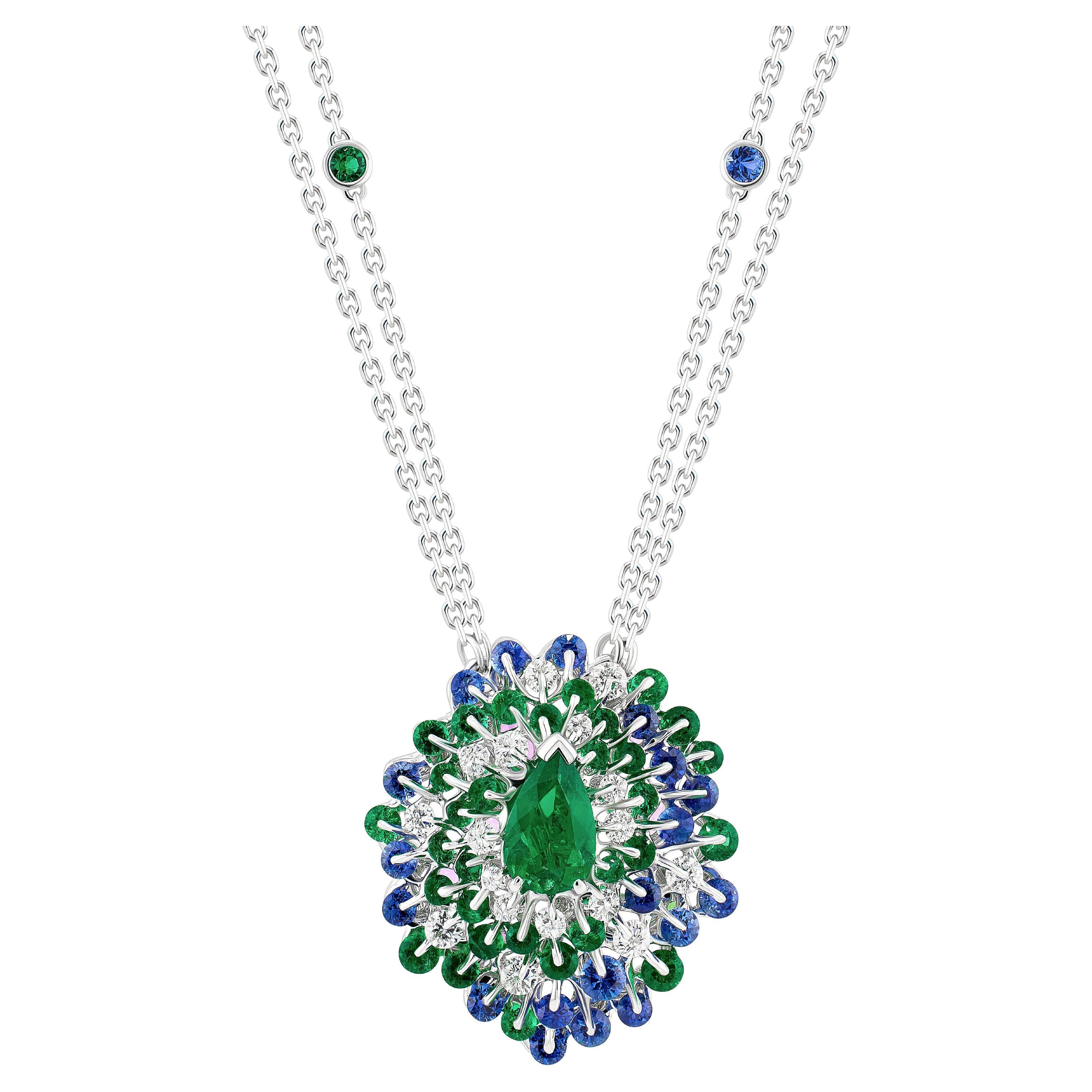 MOISEIKIN 1,45 Karat kein Öl kolumbianischer Smaragd Diamant Saphir Halskette im Angebot
