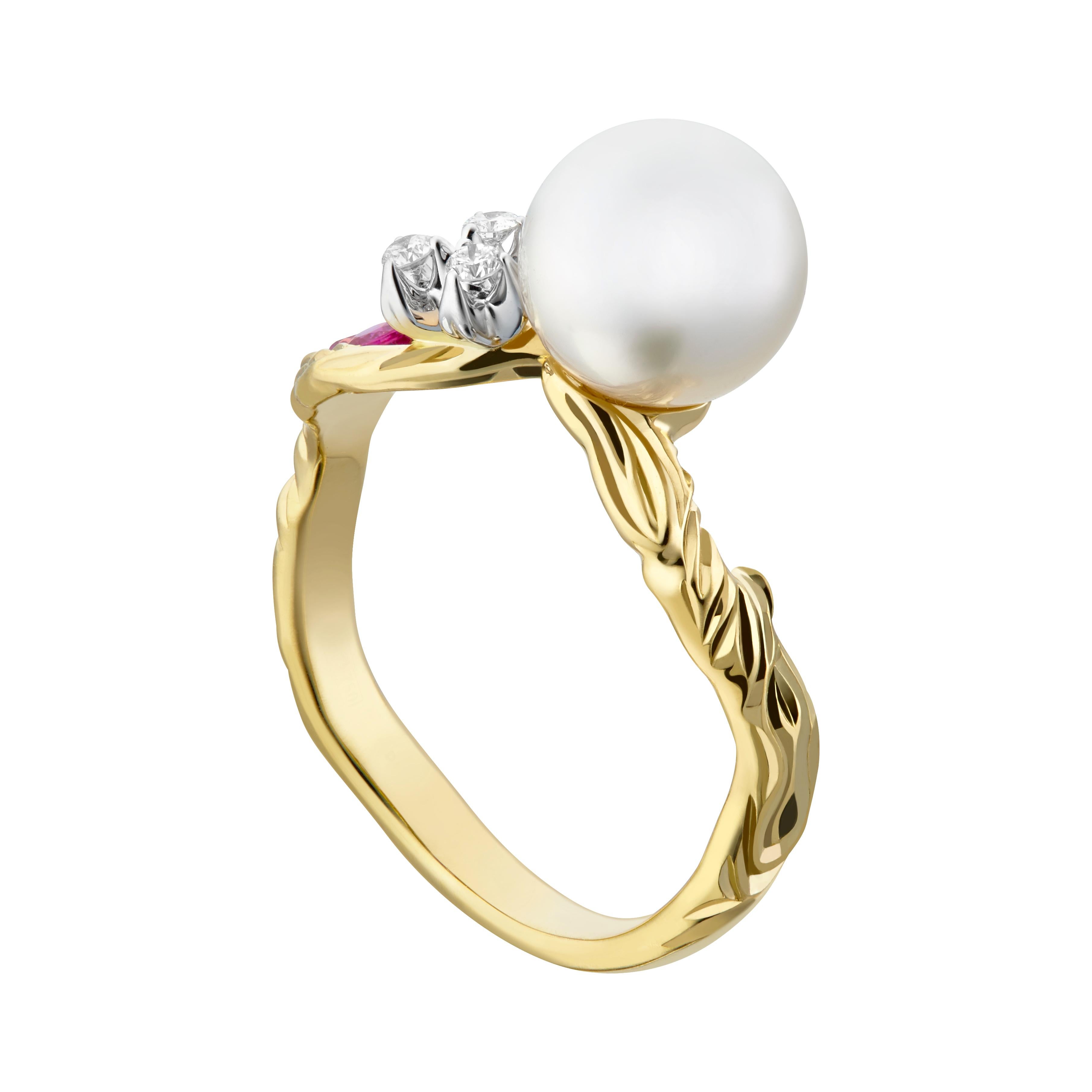 Contemporain Moiseikin Bague fleur en or 18 carats avec perle Akoya et diamants en vente
