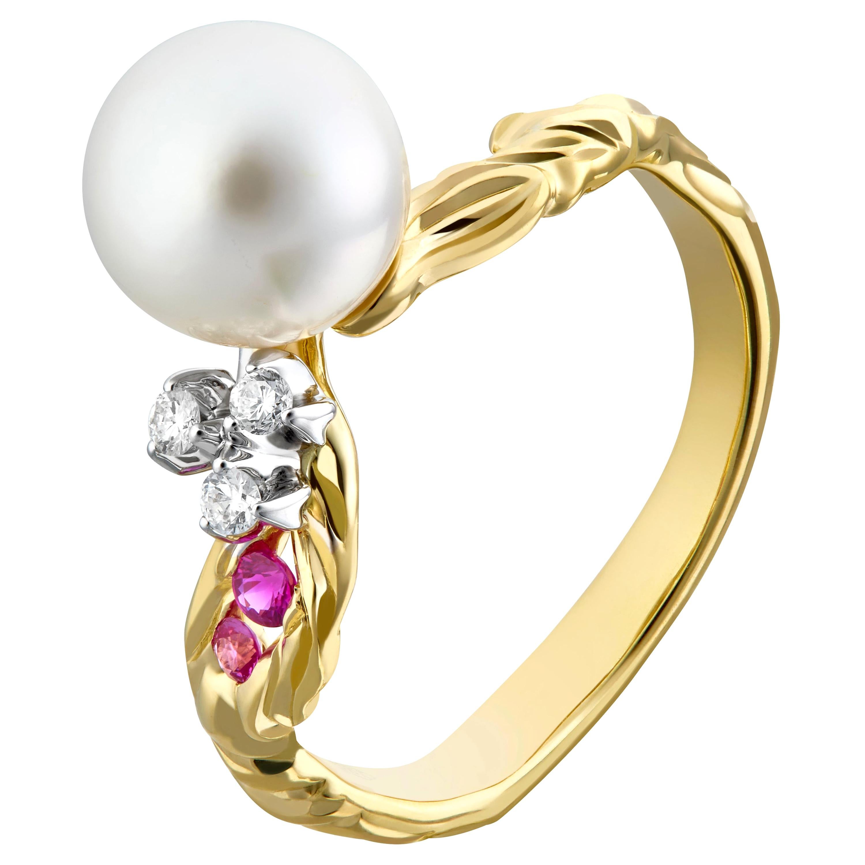 MOISEIKIN, bague fleur en or 18 carats, perle Akoya et diamant