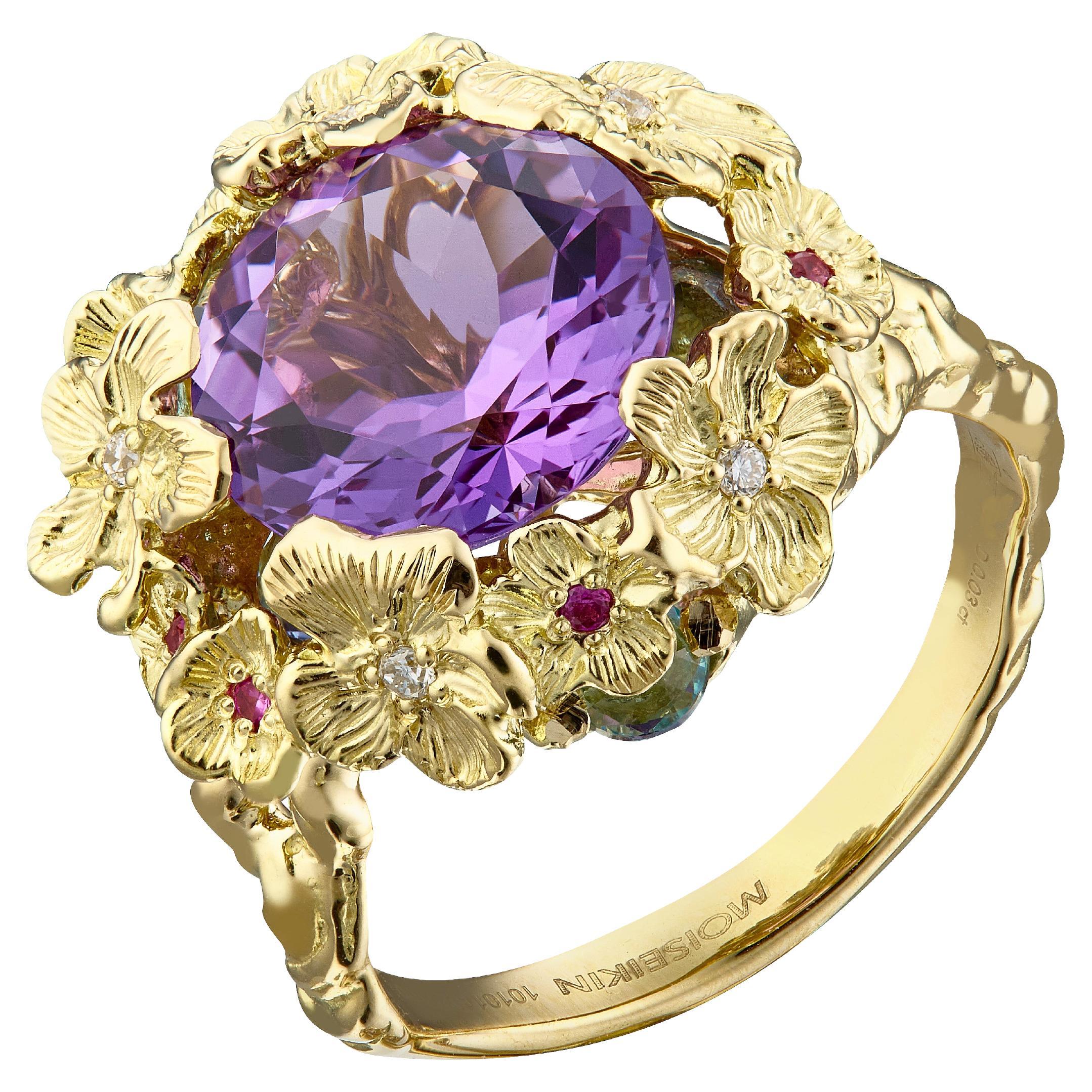 Moiseikin 18 Karat Gold Amethyst Floral Ring For Sale