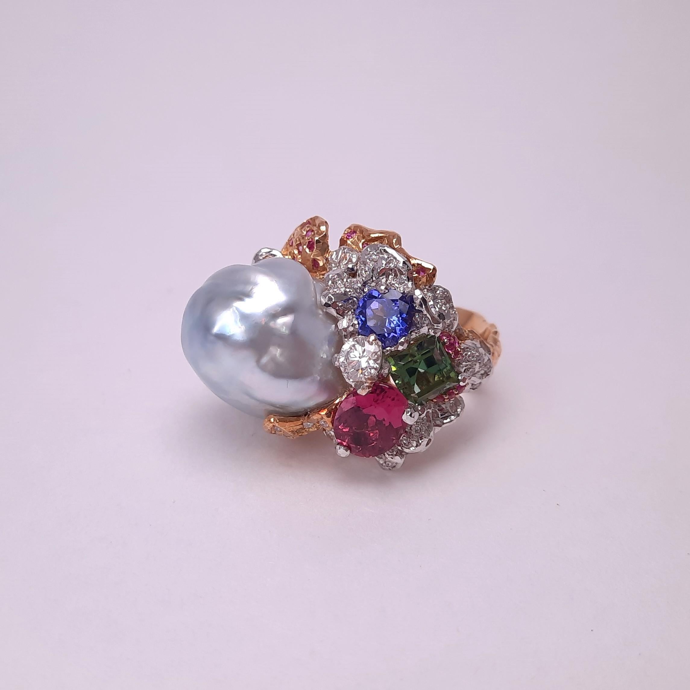 Women's MOISEIKIN 18 Karat Gold Baroque Pearl Diamond Tanzanite Floral Ring For Sale