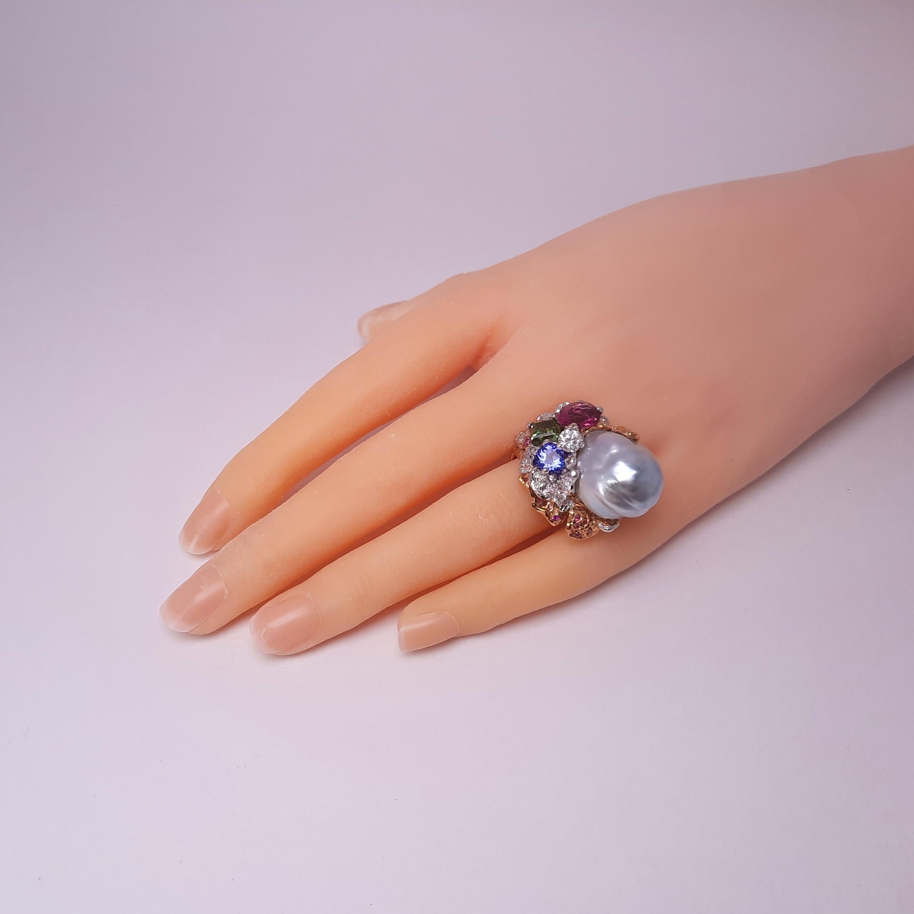 MOISEIKIN 18 Karat Gold Baroque Pearl Diamond Tanzanite Floral Ring For Sale 1