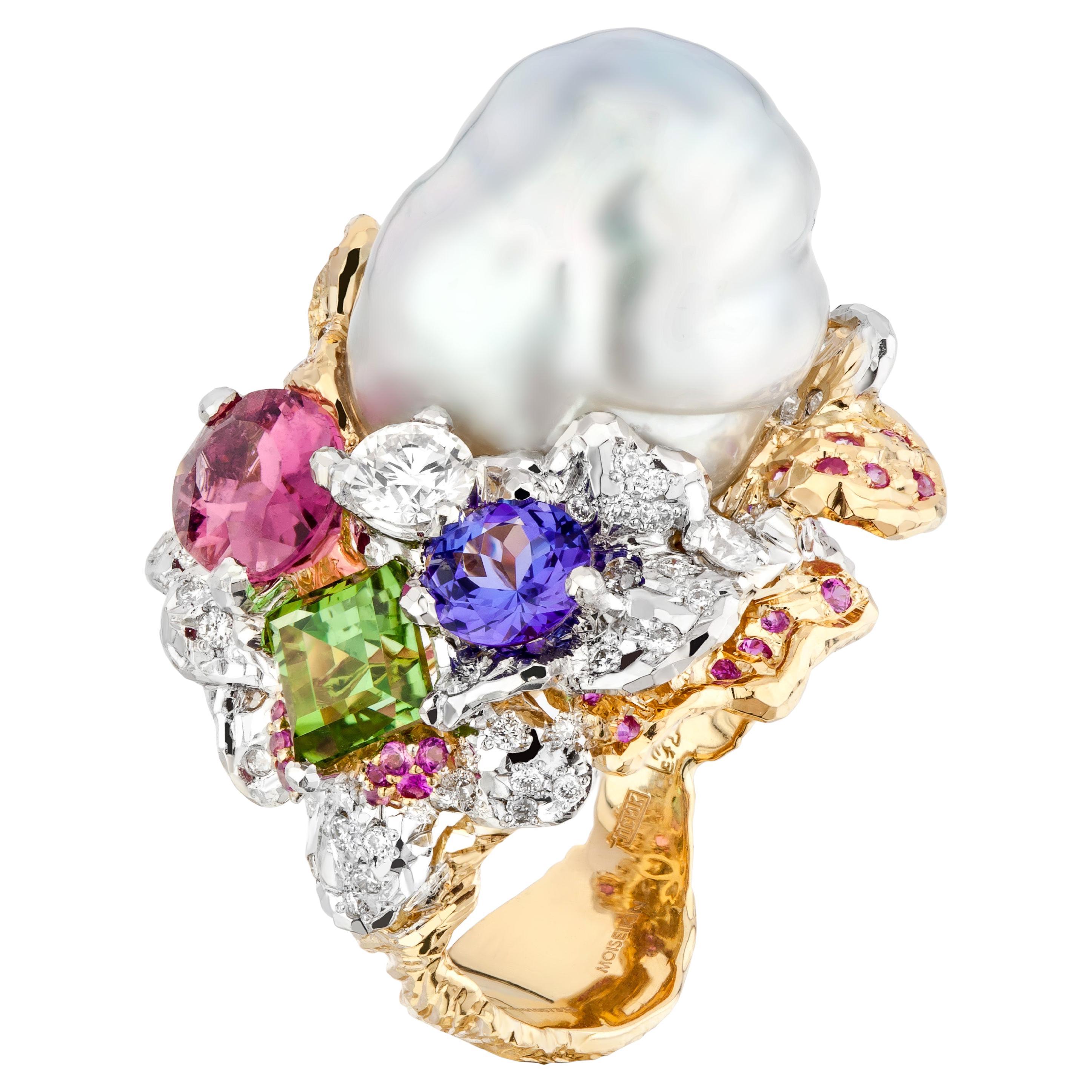 MOISEIKIN 18 Karat Gold Baroque Pearl Diamond Tanzanite Floral Ring For Sale