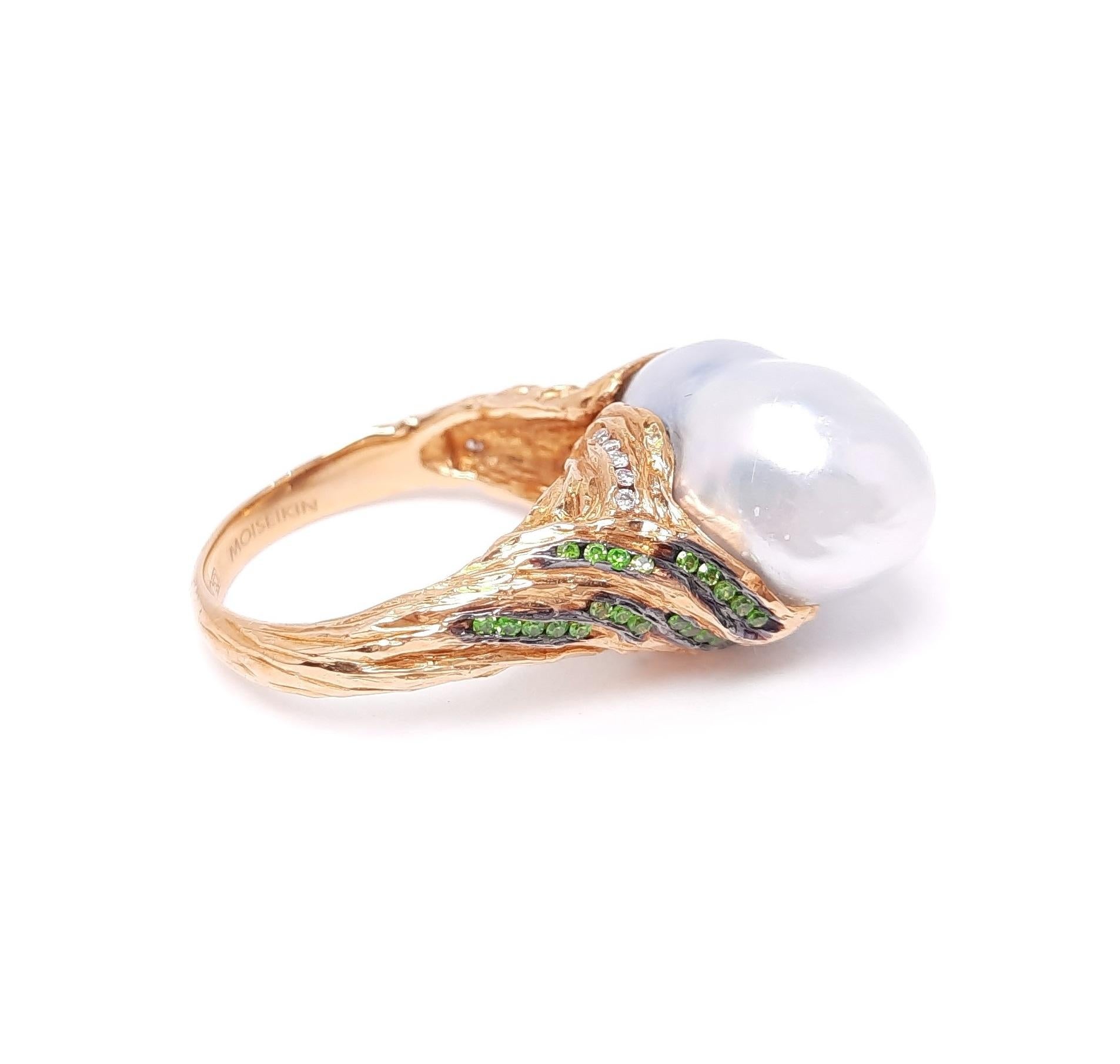 Inspired by impressionism and Starry Night by Vincent Van Gogh, MOISEIKIN has created the swirling night sky image with unique form of south sea baroque pearl, diamonds, rare demantoid garnets and sapphires. The detailed carving on the ring shank,
