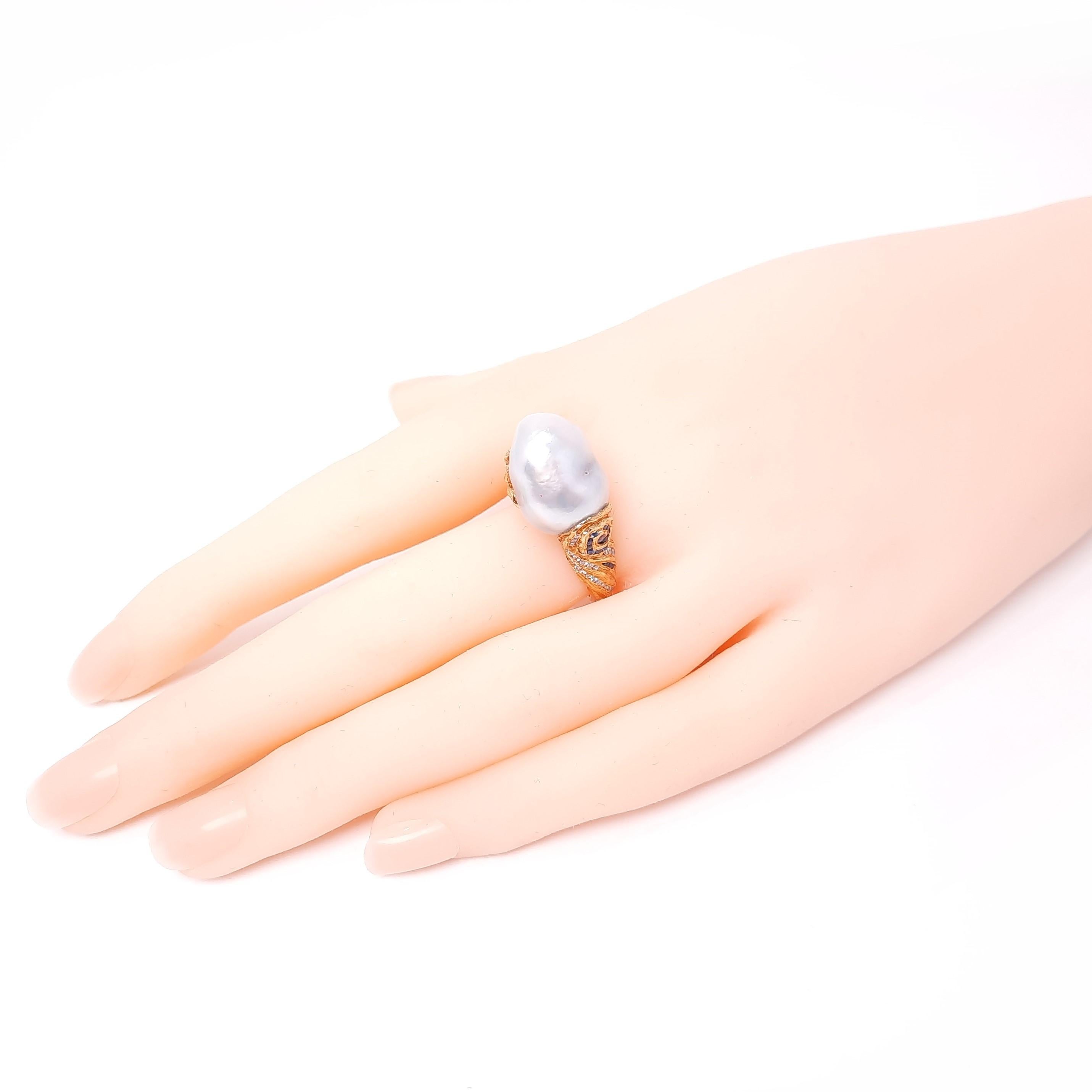 Women's Moiseikin 18 Karat Gold Baroque Pearl Handmade Ring For Sale