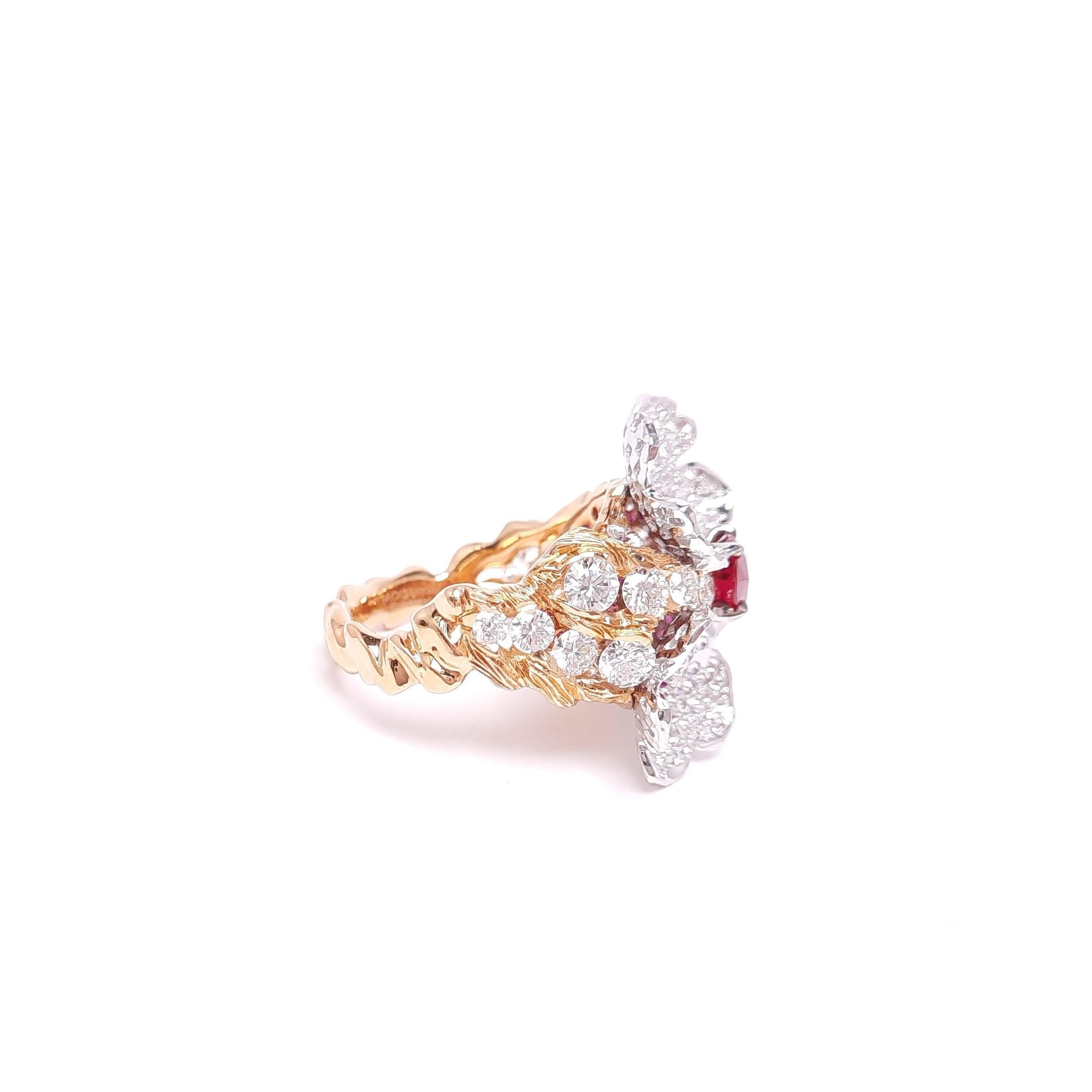 Contemporary Moiseikin 18 Karat Gold Burmese Ruby White Diamond Flower Cocktail Ring For Sale