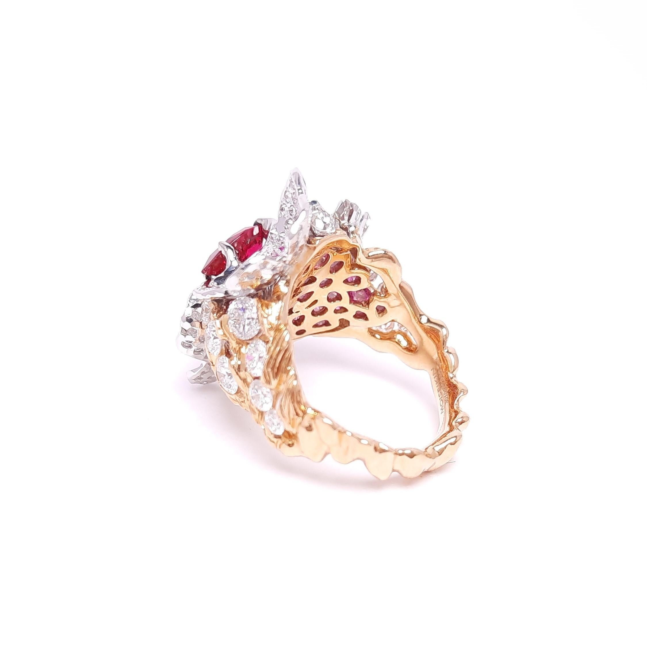 Pear Cut Moiseikin 18 Karat Gold Burmese Ruby White Diamond Flower Cocktail Ring For Sale