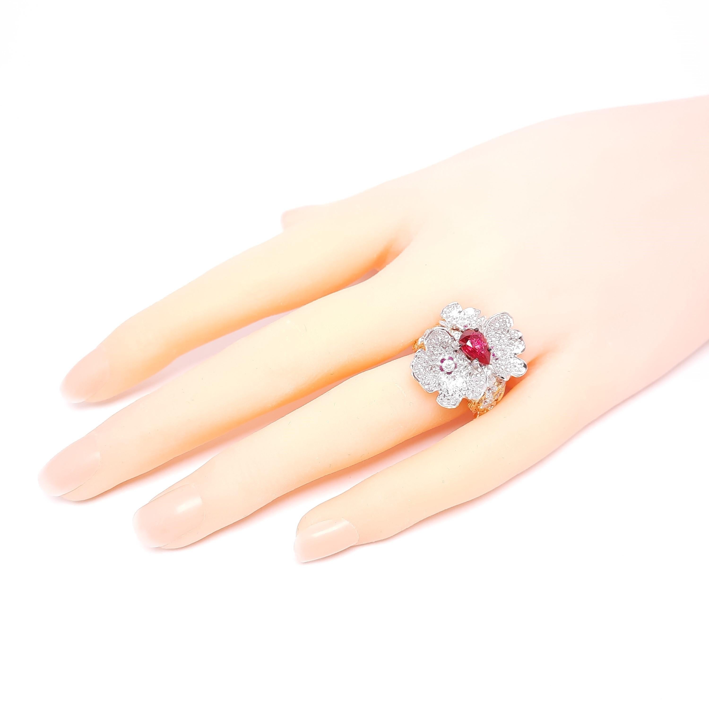 Moiseikin 18 Karat Gold Burmese Ruby White Diamond Flower Cocktail Ring For Sale 1