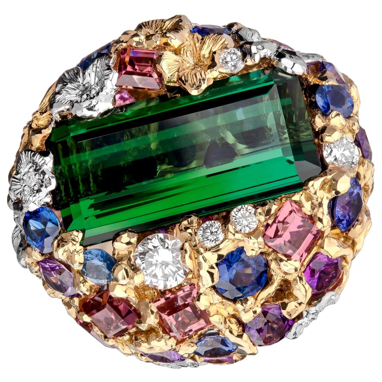 Moiseikin Anillo de cóctel de oro de 18 quilates con diamantes y zafiro de 10 quilates de turmalina verde