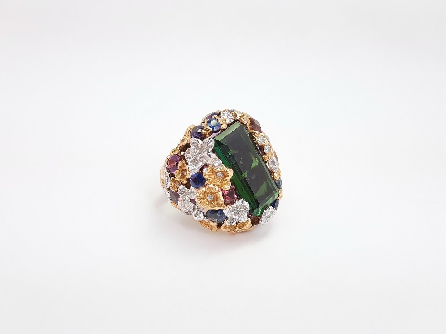 Inspired by Impressionism, Viktor Moiseikin has created a blooming flower ring in a tridimensional manner. Trembling flowers and the sweet fragrance of coming ripe fruits are embodied in gems and metals. Inside the designed flower petals ravished