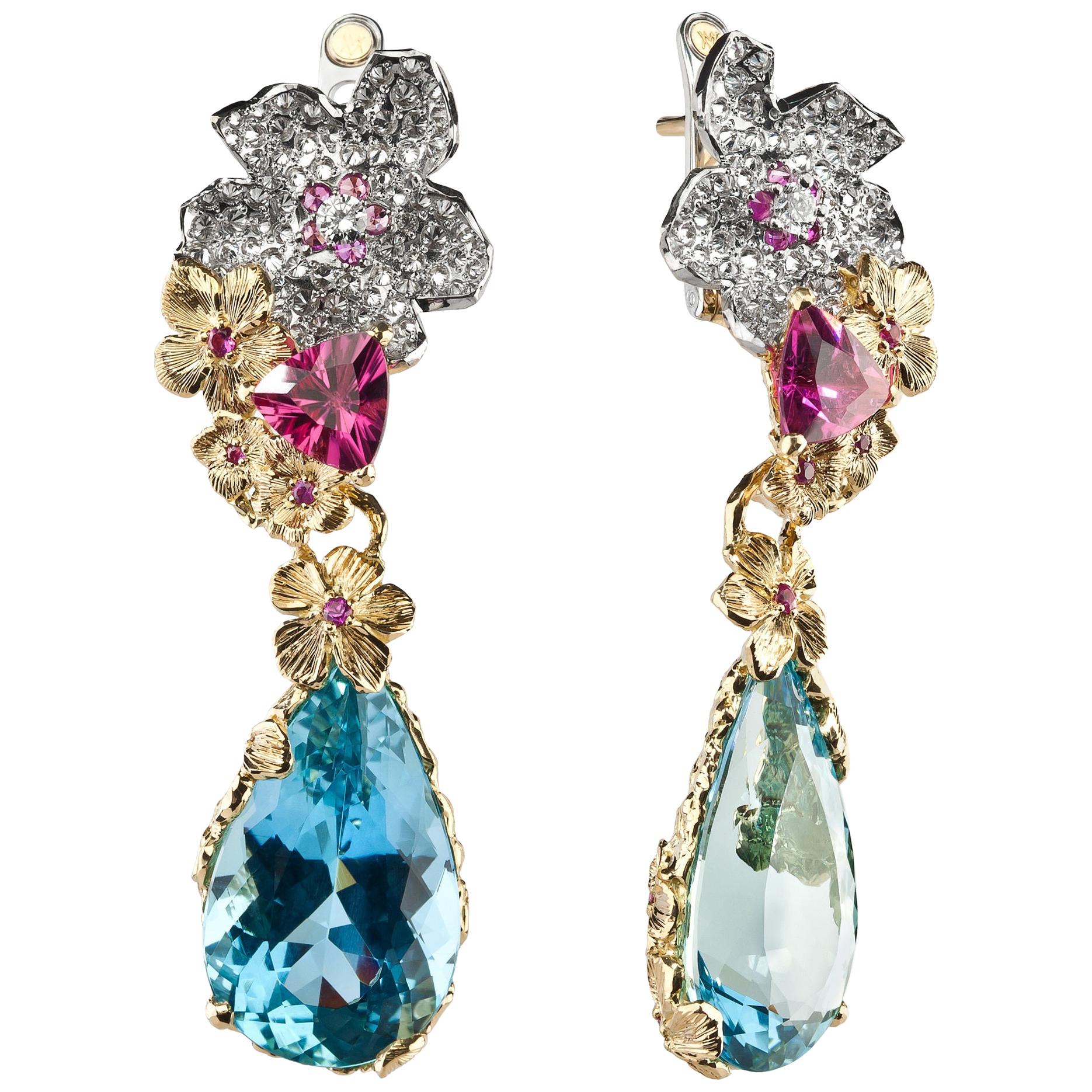 Moiseikin 18 Karat Gold Diamond Aquamarine Cocktail Earrings