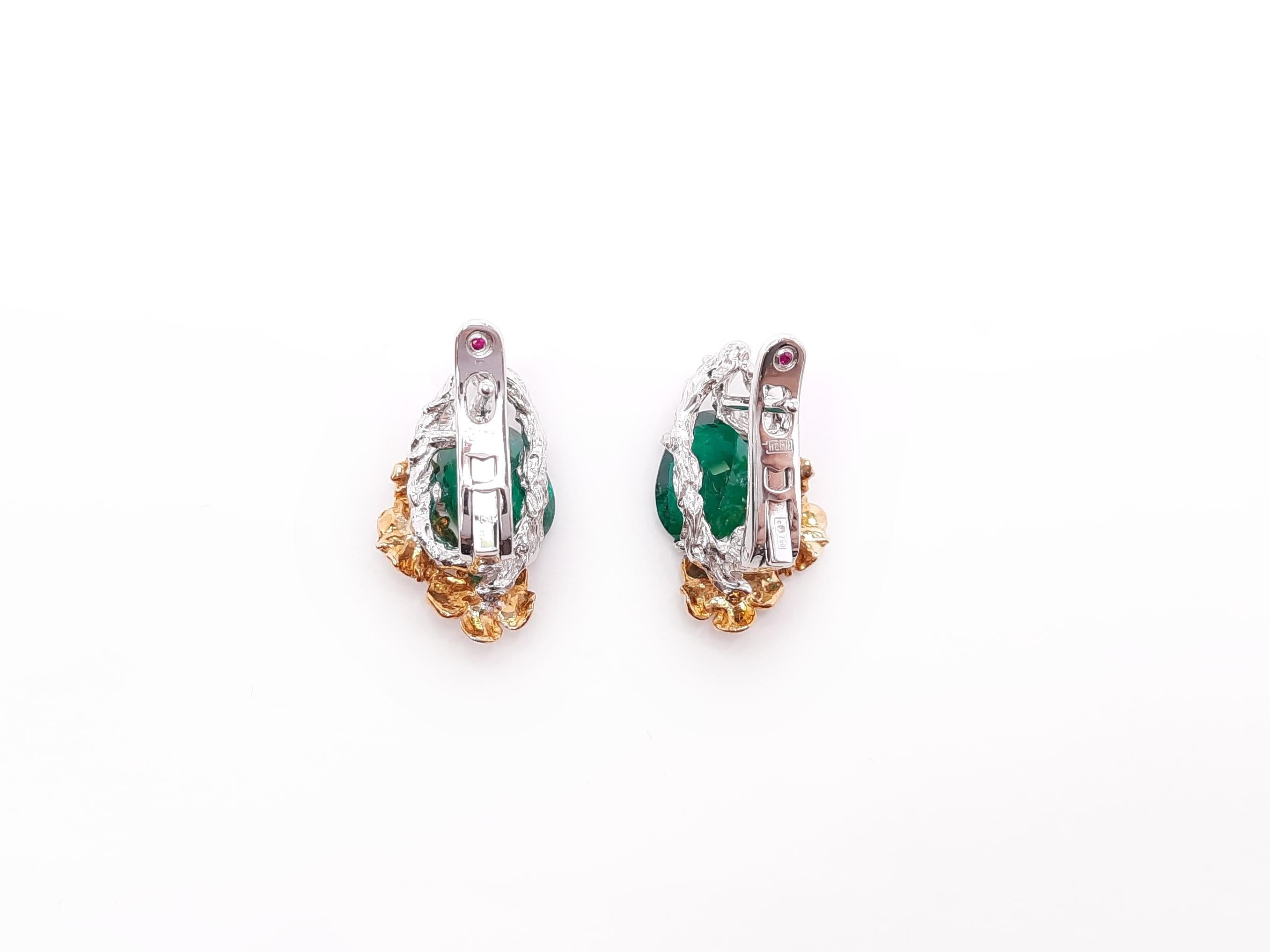 Contemporary Moiseikin 18 Karat Gold Diamond Emerald Floral Earrings For Sale