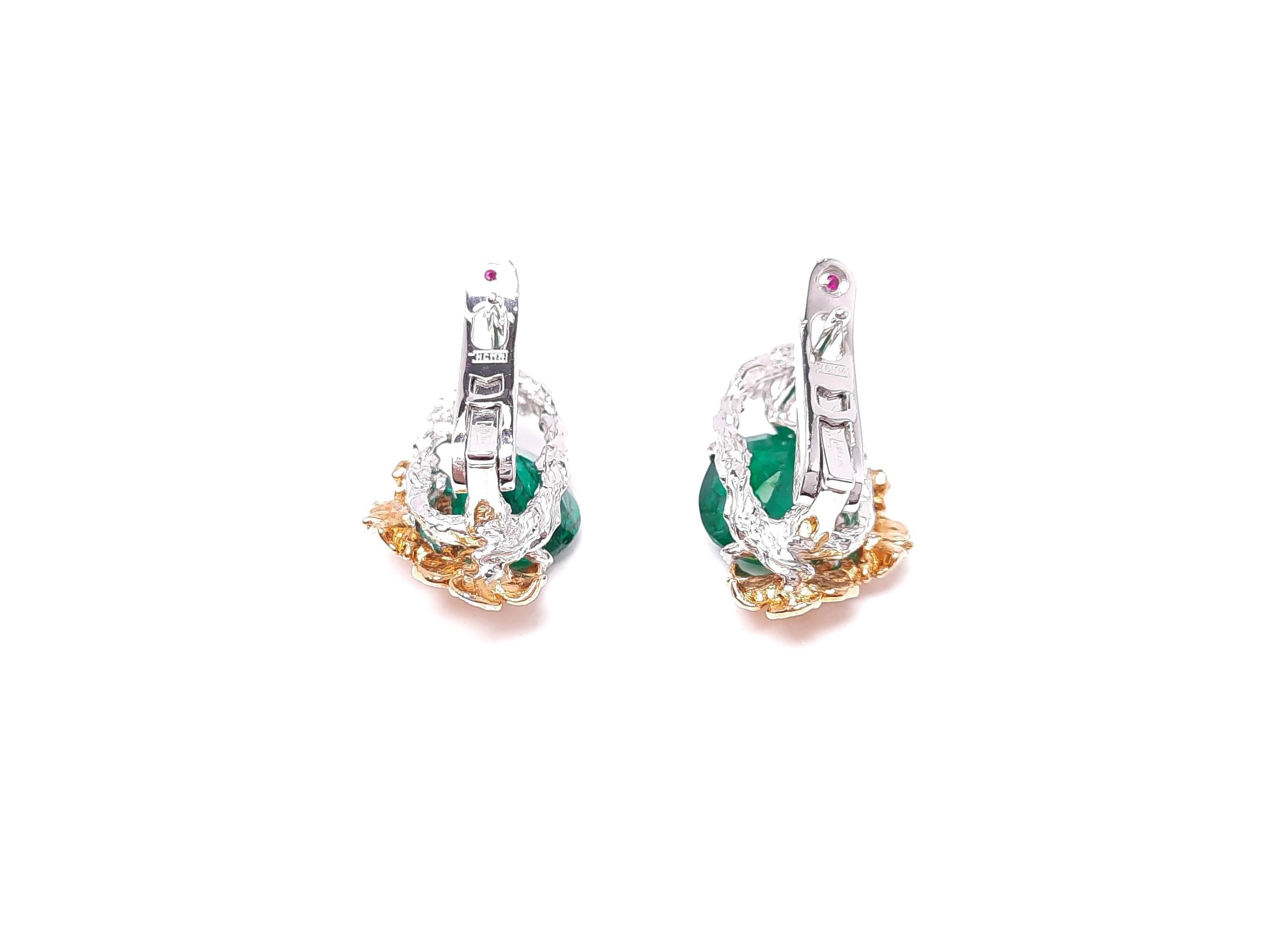 Oval Cut Moiseikin 18 Karat Gold Diamond Emerald Floral Earrings For Sale
