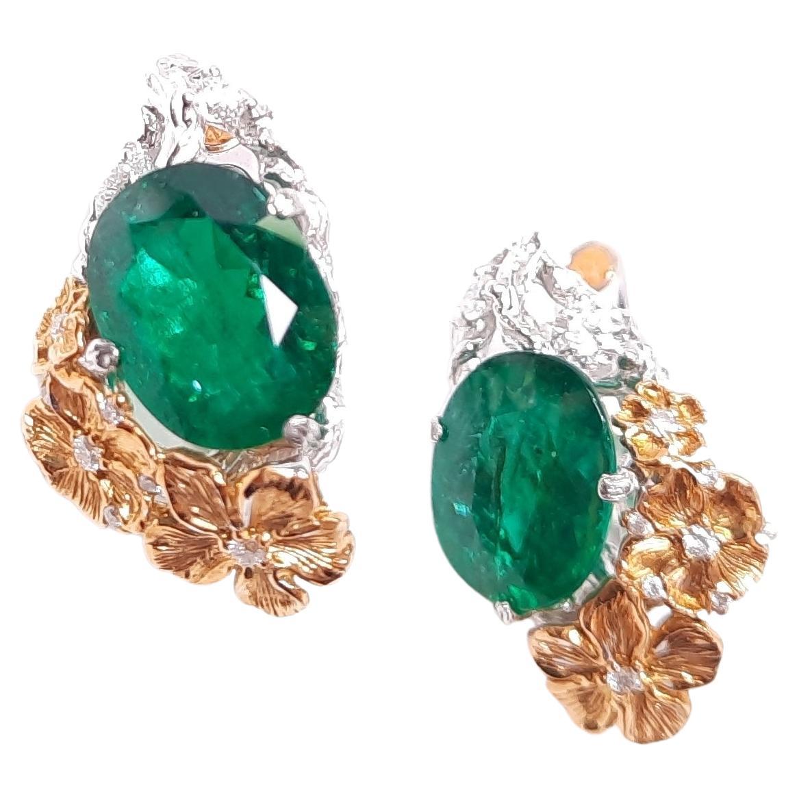 Moiseikin 18 Karat Gold Diamond Emerald Floral Earrings For Sale
