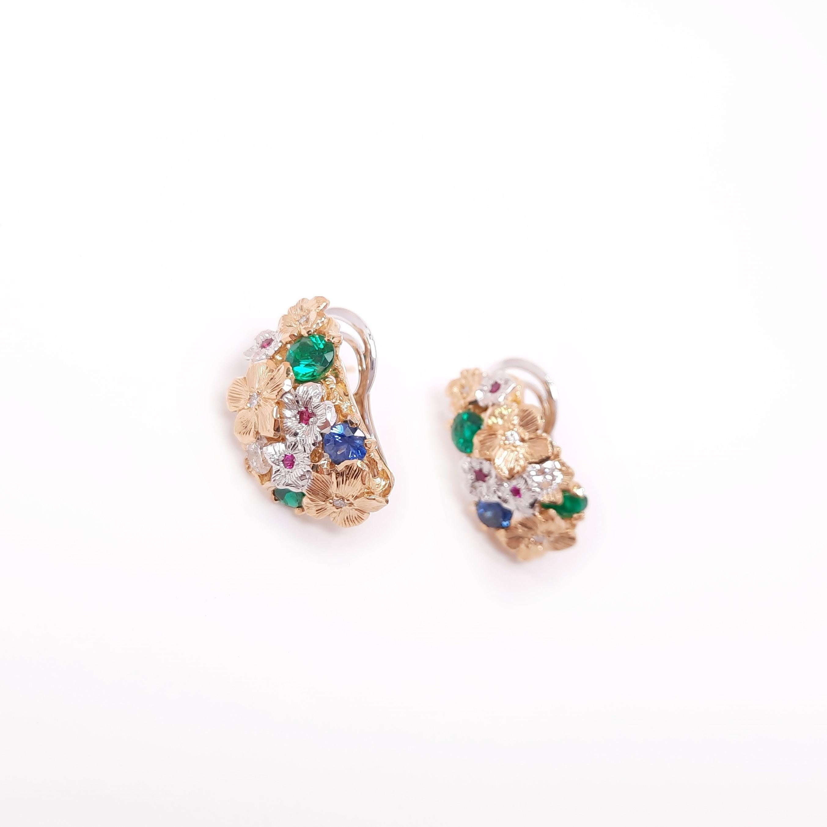 Inspired by Impressionism, MOISEIKIN® has created a blooming flower earrings  in tridimensional manner. Trembling flowers and sweet fragrance of coming ripe fruits are embodied  in gems and metals. Inside the flower bouquets, diamonds, emeralds, and