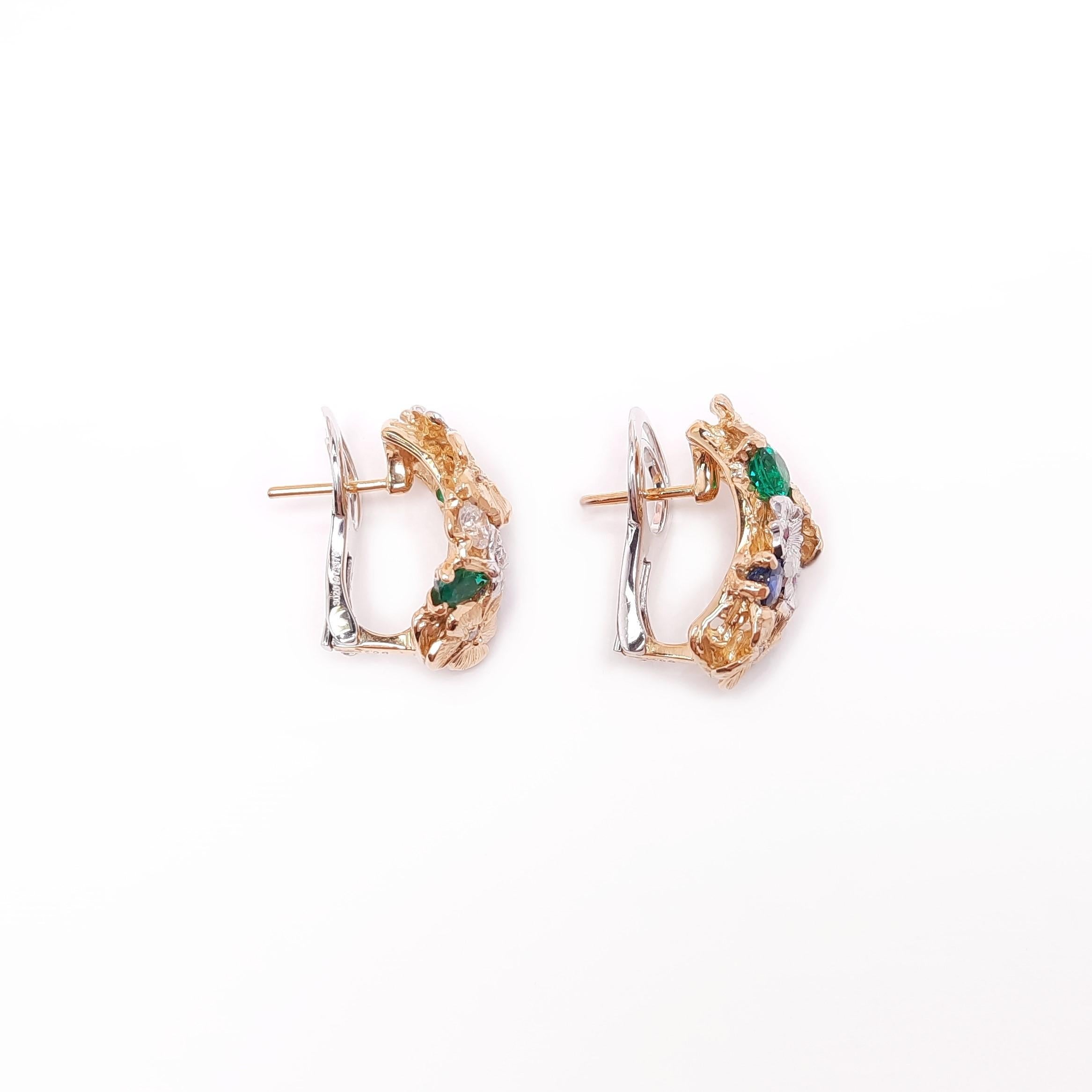 Contemporary Moiseikin 18 Karat Gold Diamond Emerald Sapphire Flower Earrings For Sale