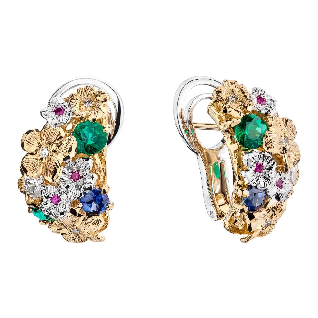 Moiseikin 18 Karat Gold Diamond Emerald Sapphire Flower Earrings For Sale