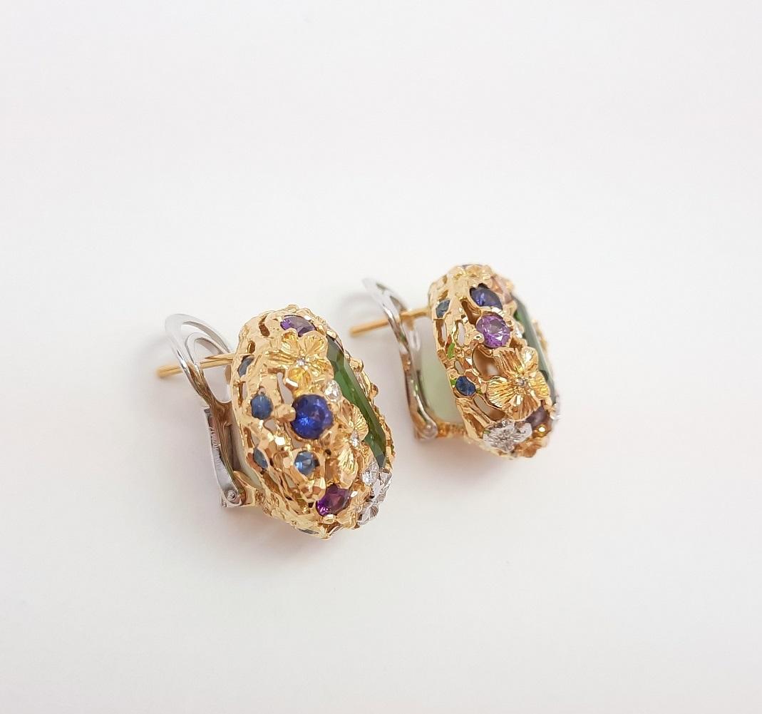 Inspired by Impressionism, Viktor Moiseikin has created blooming flower earrings in a tridimensional manner. Trembling flowers and the sweet fragrance of coming ripe fruits are embodied in gems and metals. Inside the designed flower petals ravished