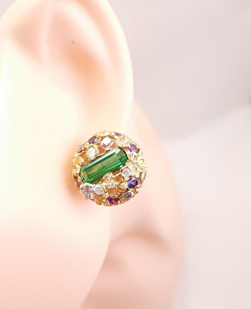 Emerald Cut Moiseikin 18 Karat Gold Diamond Green Tourmaline Sapphire Earrings For Sale
