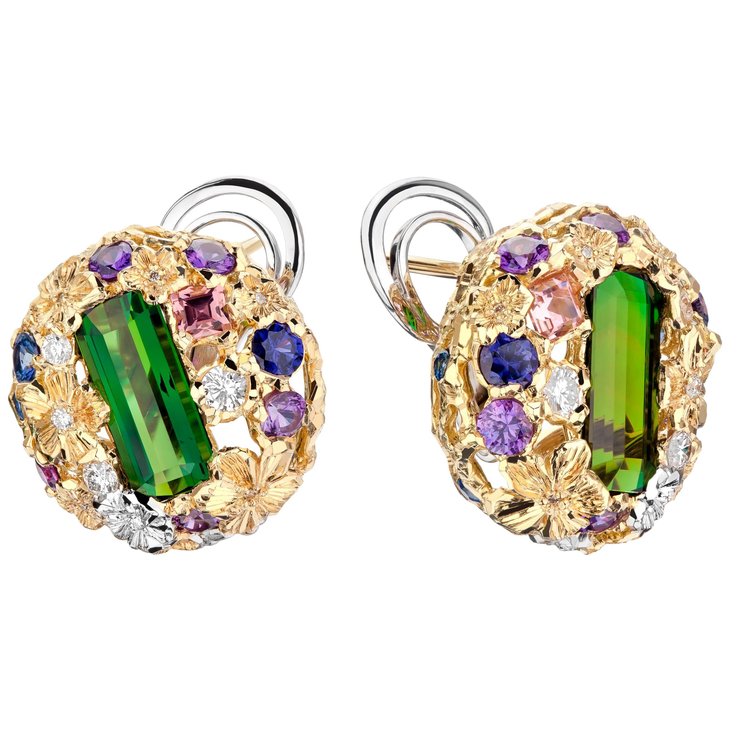 Moiseikin Ohrringe aus 18 Karat Gold mit grünem Turmalin, Saphir und Diamant im Angebot