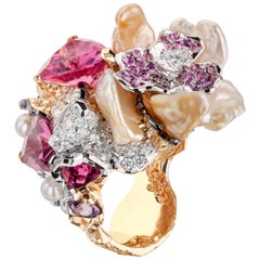 Moiseikin 18 Karat Gold Diamond Keshi Pearl Tourmaline Handmade Flower Ring