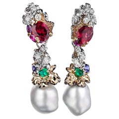 Moiseikin 18 Karat Gold Diamond Pearl Emerald Rubellite Transforming Earrings