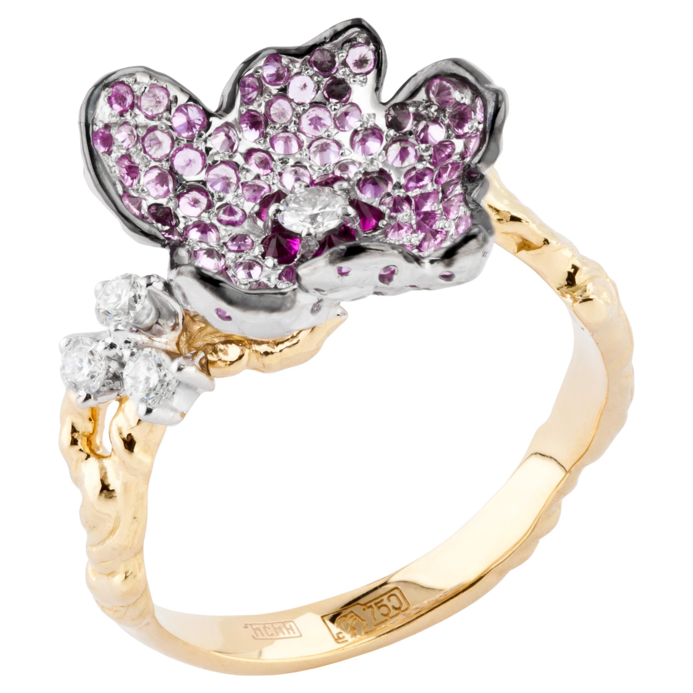 MOISEIKIN 18 Karat Gold Diamond Pink Sapphire Flower Ring For Sale