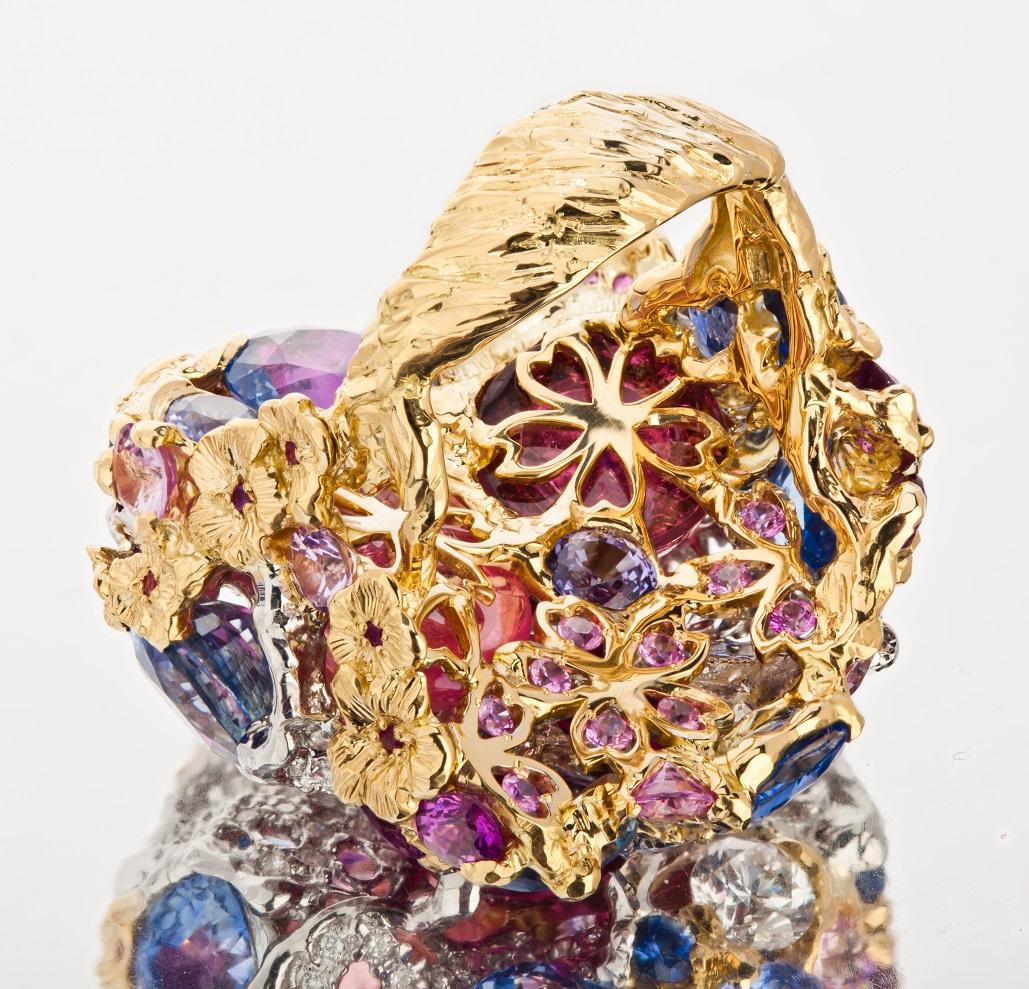 Contemporary Moiseikin 18 Karat Gold Diamond Sapphire Tourmaline Cocktail Ring For Sale