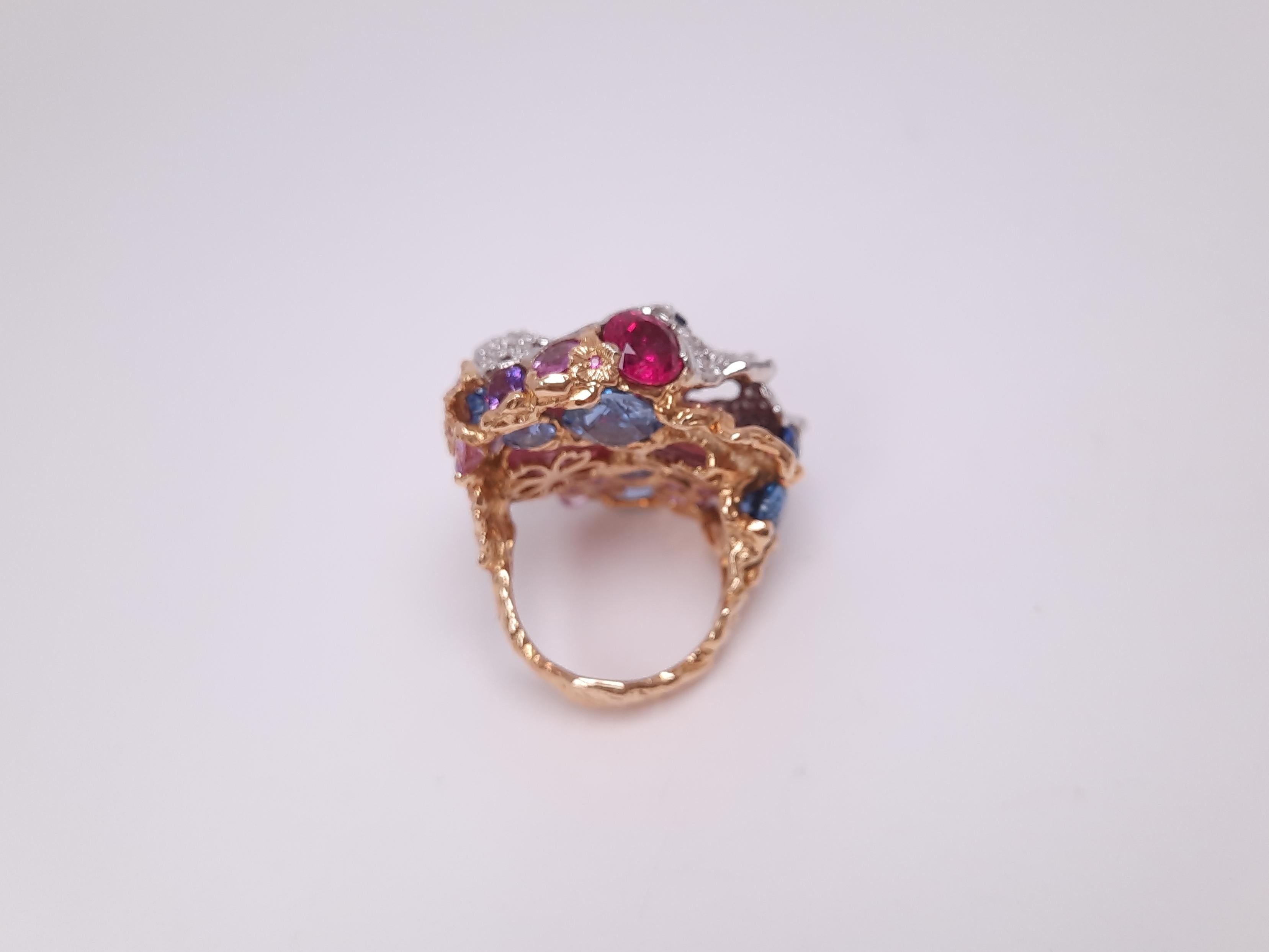 Moiseikin 18 Karat Gold Diamond Sapphire Tourmaline Cocktail Ring For Sale 3