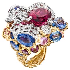 Bague cocktail Moiseikin en or 18 carats, diamant, saphir et tourmaline