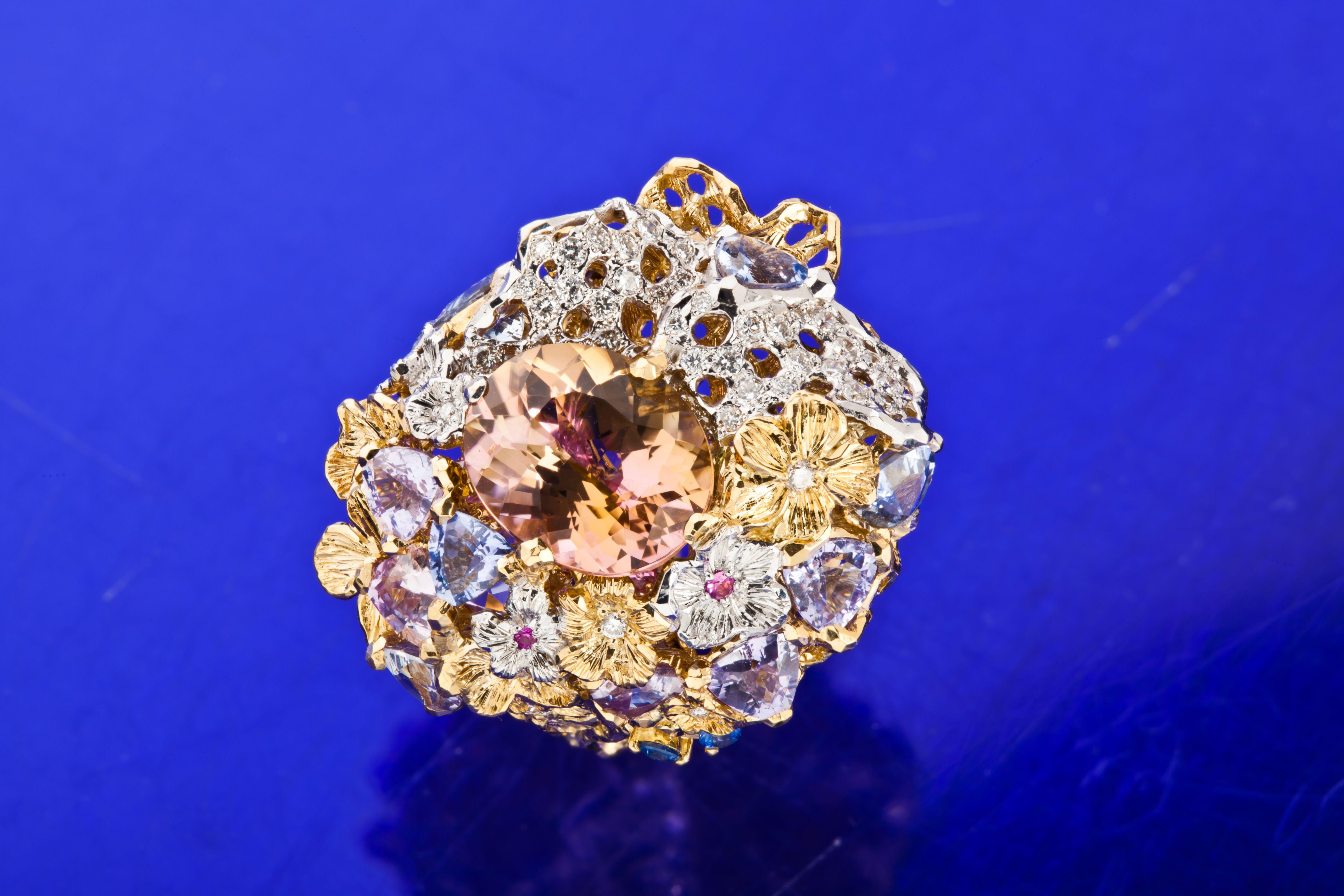 Oval Cut MOISEIKIN 18 Karat Gold Diamond Sapphire Tourmaline Cocktail Ring Handmade For Sale
