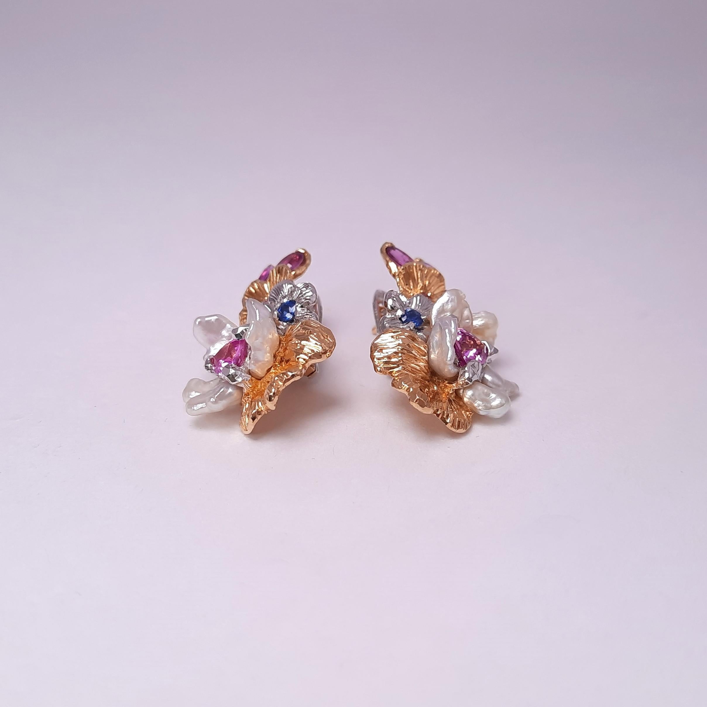 Inspired by Impressionism, MOISEIKIN has created a pair of blooming flower earrings  in tridimensional manner. Trembling flowers and sweet fragrance of coming ripe fruits are embodied  in gems and metals. Unique Keshi pearls are set as lively flower