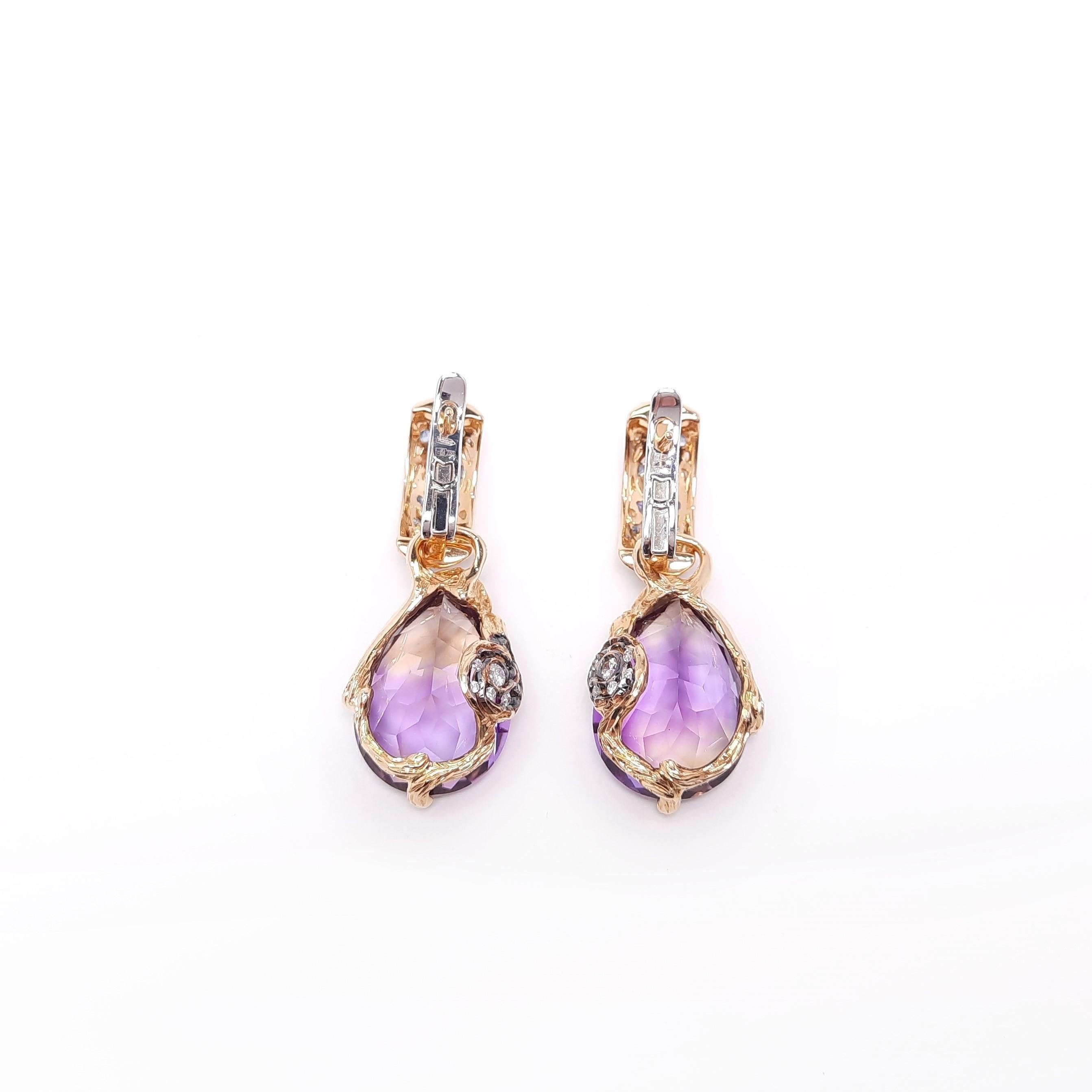 Contemporary MOISEIKIN 18 Karat Gold Handmade Diamond Sapphire Ametrine Earrings For Sale