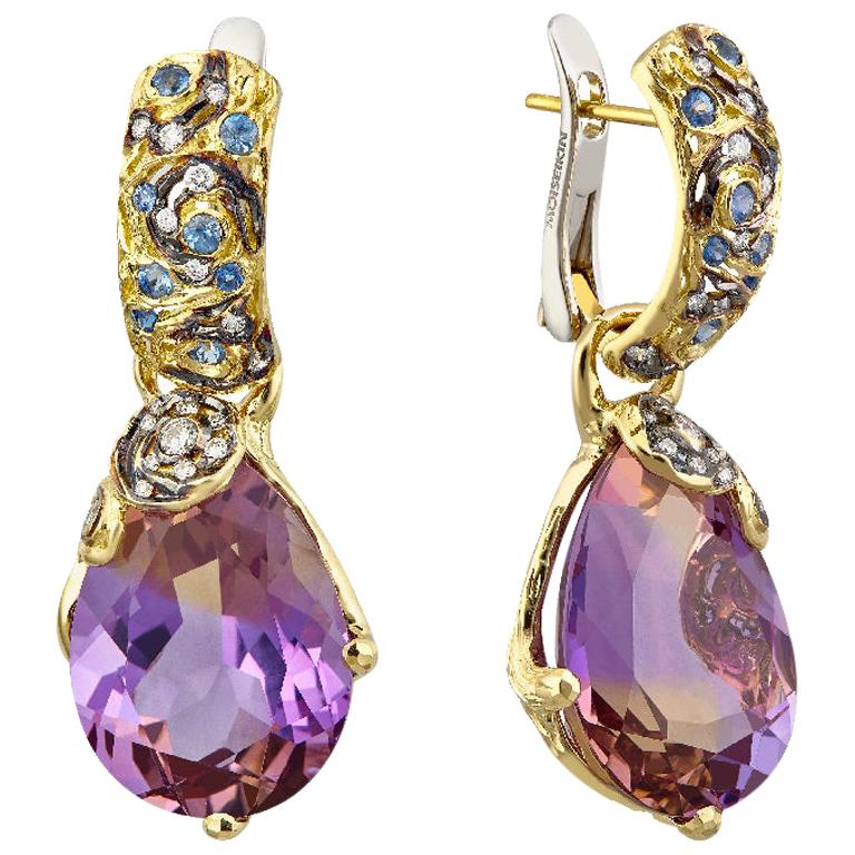 MOISEIKIN 18 Karat Gold Handmade Diamond Sapphire Ametrine Earrings For Sale