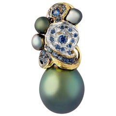 Moiseikin 18 Karat Gold Tahitian Pearl and Sapphire Handmade Pendant