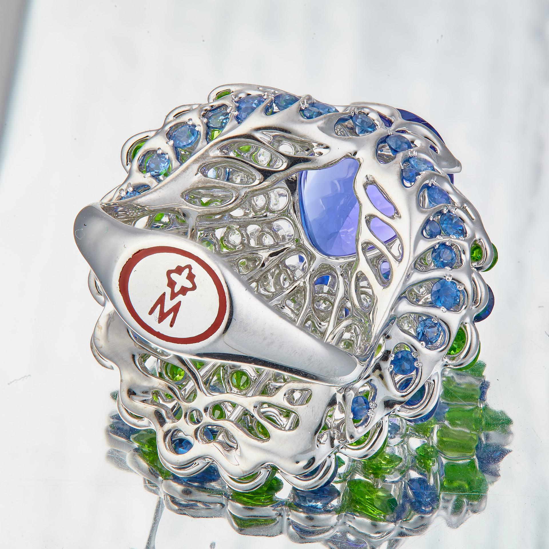 Contemporary Moiseikin 18 Karat Gold Tanzanite Diamond Sapphire Peacock Ring