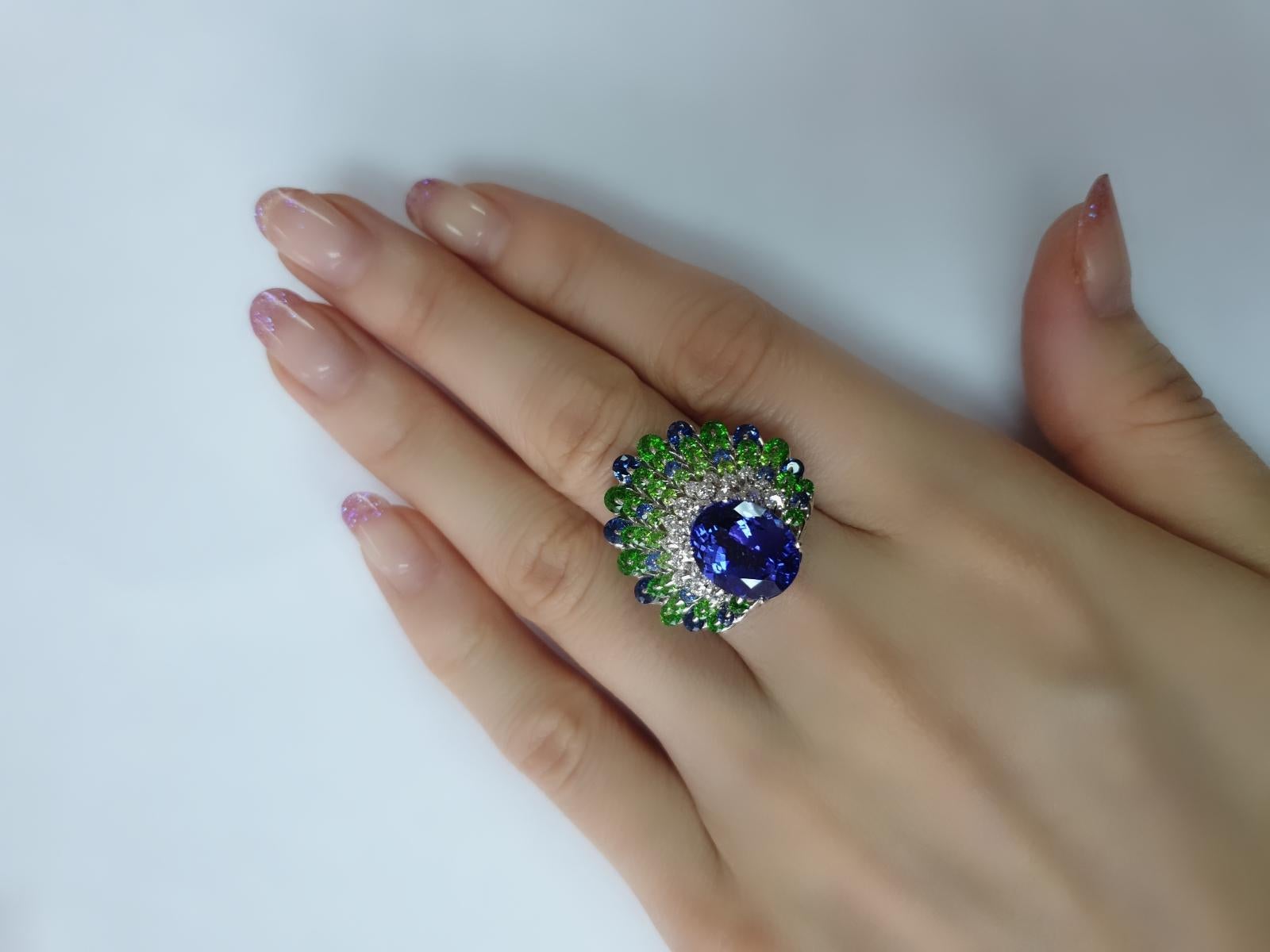 Oval Cut Moiseikin 18 Karat Gold Tanzanite Diamond Sapphire Peacock Ring