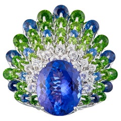 Moiseikin 18 Karat Gold Tanzanite Diamond Sapphire Peacock Ring