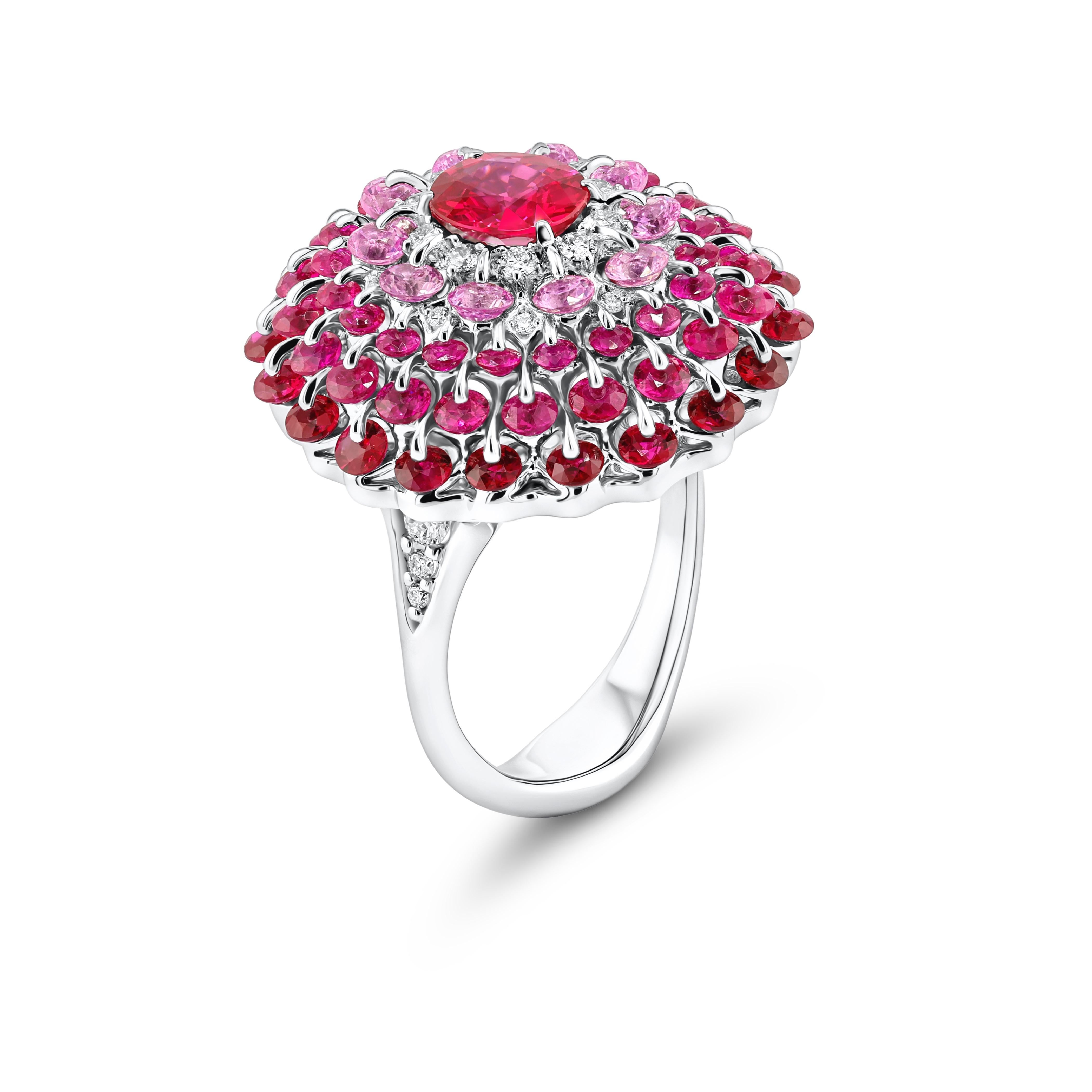 Rubies, pink sapphires and diamonds create a dynamic performance as a graceful ballerina with internationally patented stone technology. Exclusively selected, 1.14ct radiant Mozambique Ruby,  is decorated with the perfect graduation of diamonds,