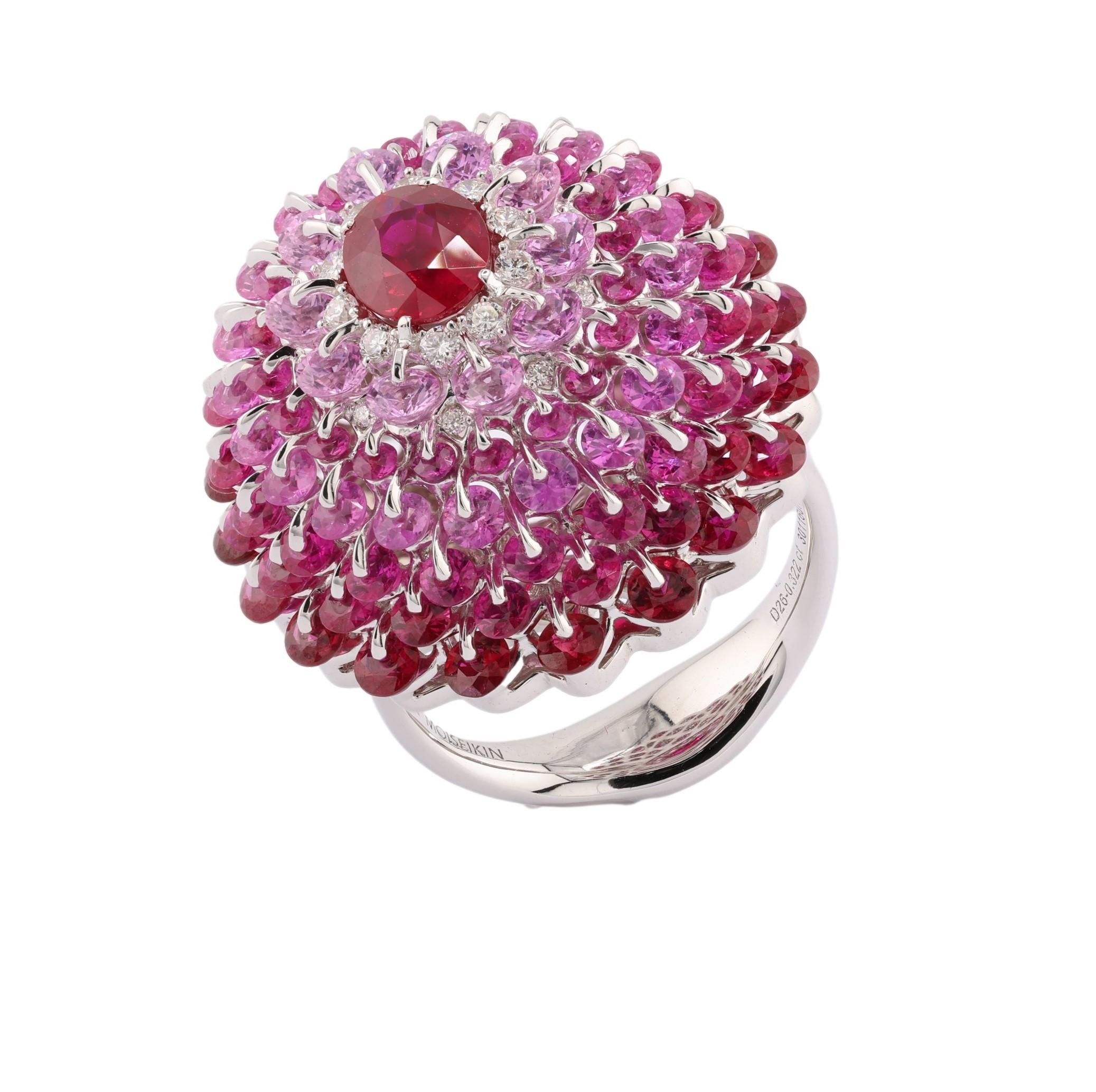 Rubies, pink sapphires and diamonds create a dynamic performance as a graceful ballerina with internationally patented stone technology. Exclusively selected, 1.22ct Burmese Ruby, known for its intensive colour, is decorated with the perfect