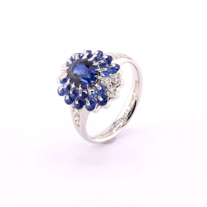 MOISEIKIN's mesmerising sapphire ring with a 1.87ct Royal Blue sapphire, decorated with diamonds and graduation of blue sapphires, captures the eye and radiates elegance and sophistication.
Inspired by the gorgeous evening Ball dress, the ring is