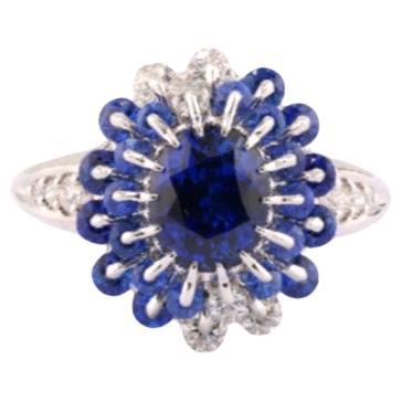 MOISEIKIN 18 Karat White Gold 1.87ct Royal Blue Sapphire Diamond Cocktail Ring