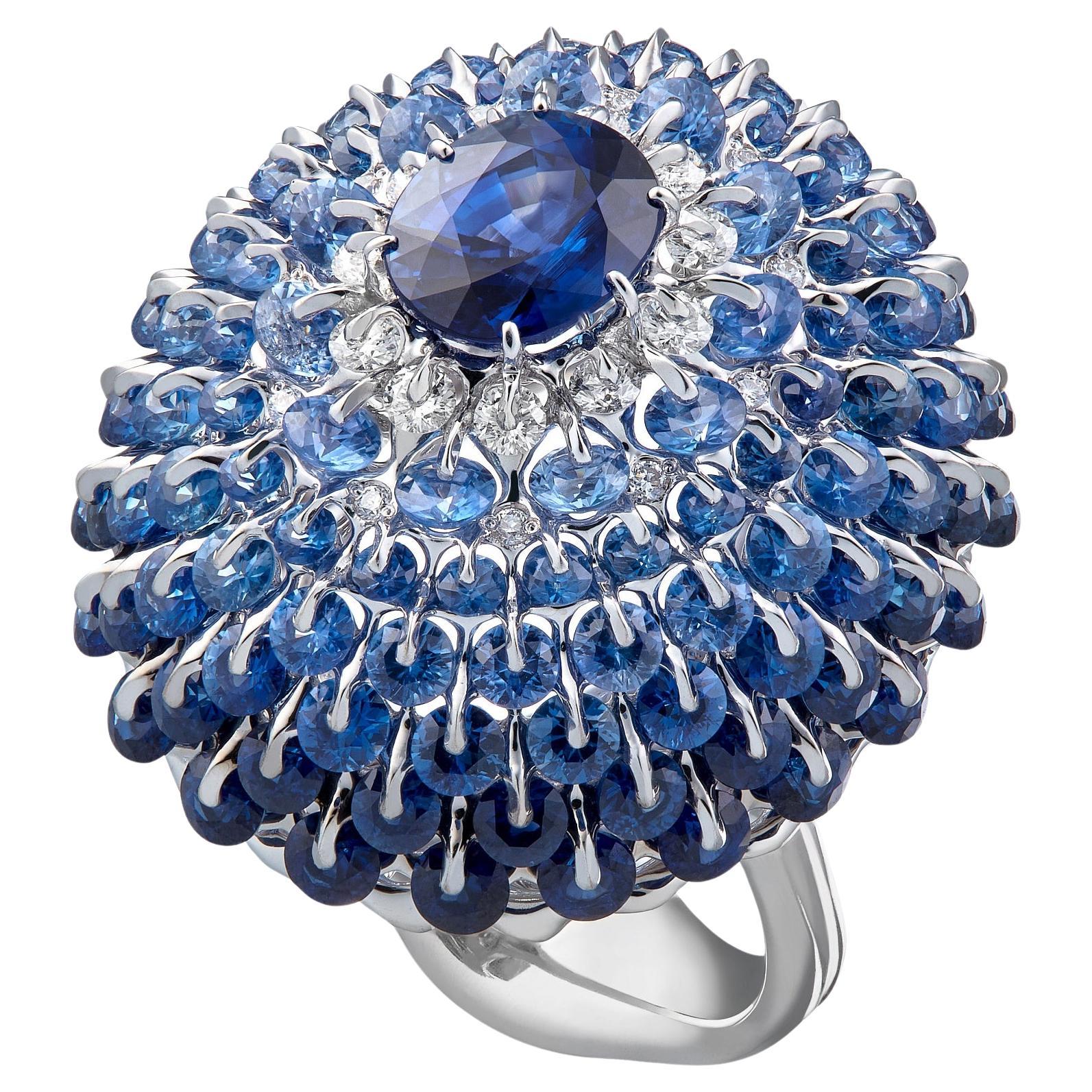 MOISEIKIN 18 Karat White Gold 1.95ct No Heat Sapphire Diamond Cocktail Ring